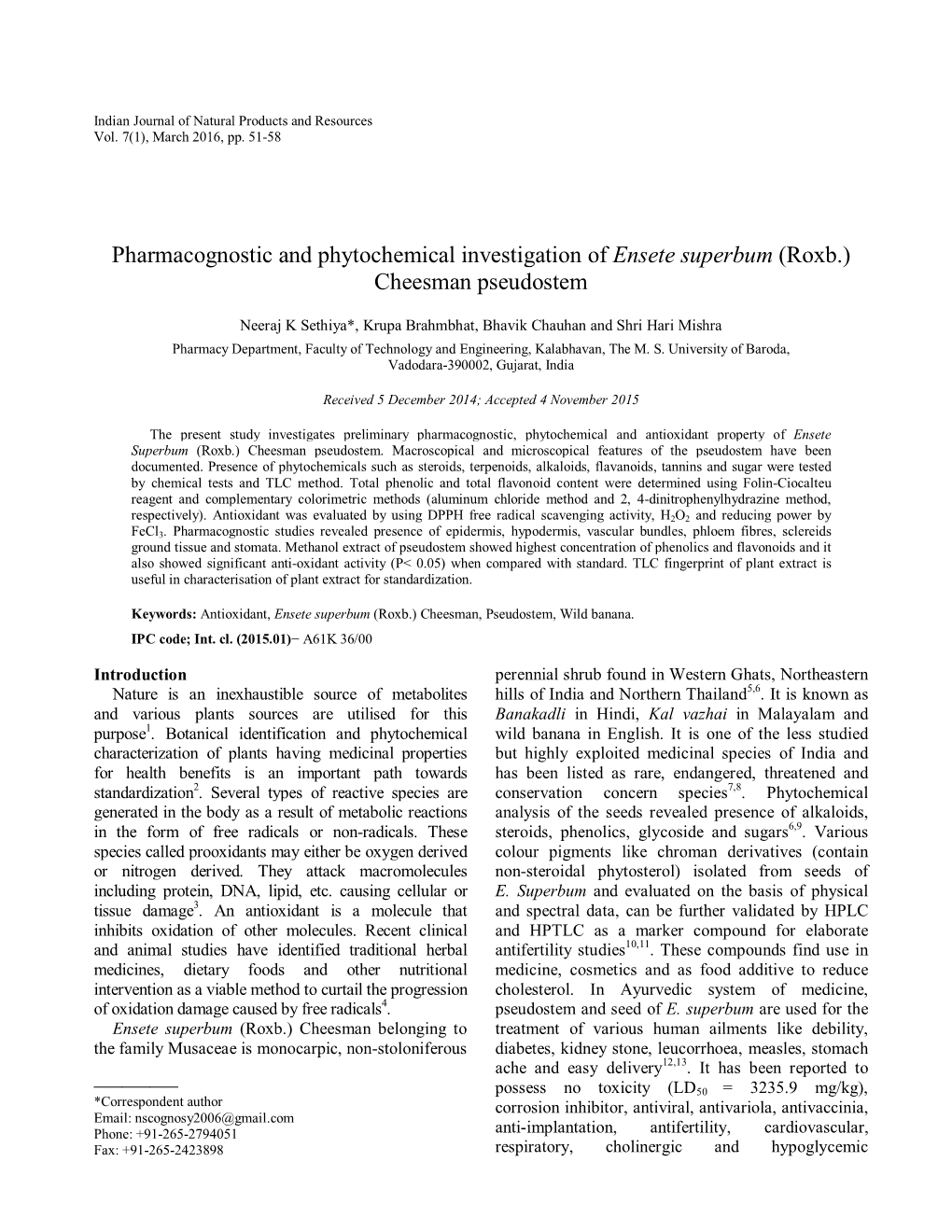 Pharmacognostic and Phytochemical Investigation of Ensete Superbum (Roxb.) Cheesman Pseudostem