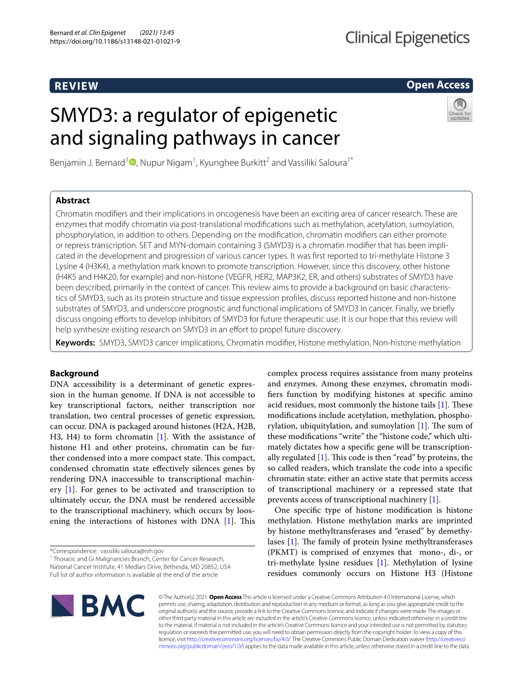 SMYD3: a Regulator of Epigenetic and Signaling Pathways in Cancer Benjamin J