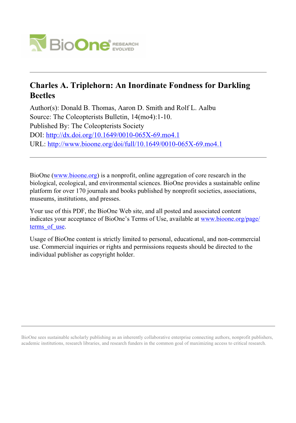 Charles A. Triplehorn: an Inordinate Fondness for Darkling Beetles Author(S): Donald B