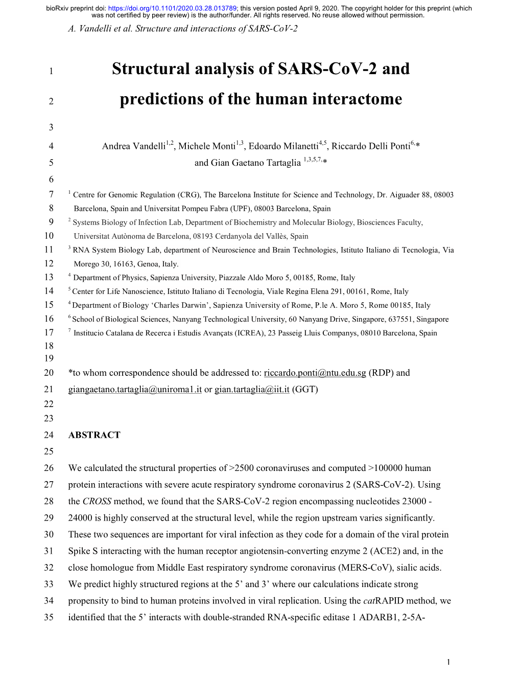 Structural Analysis of SARS-Cov-2 and Predictions of the Human Interactome