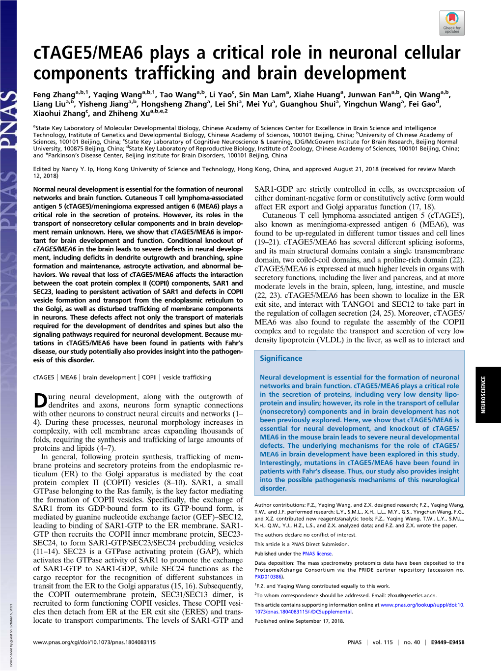 Ctage5/MEA6 Plays a Critical Role in Neuronal Cellular Components Trafficking and Brain Development