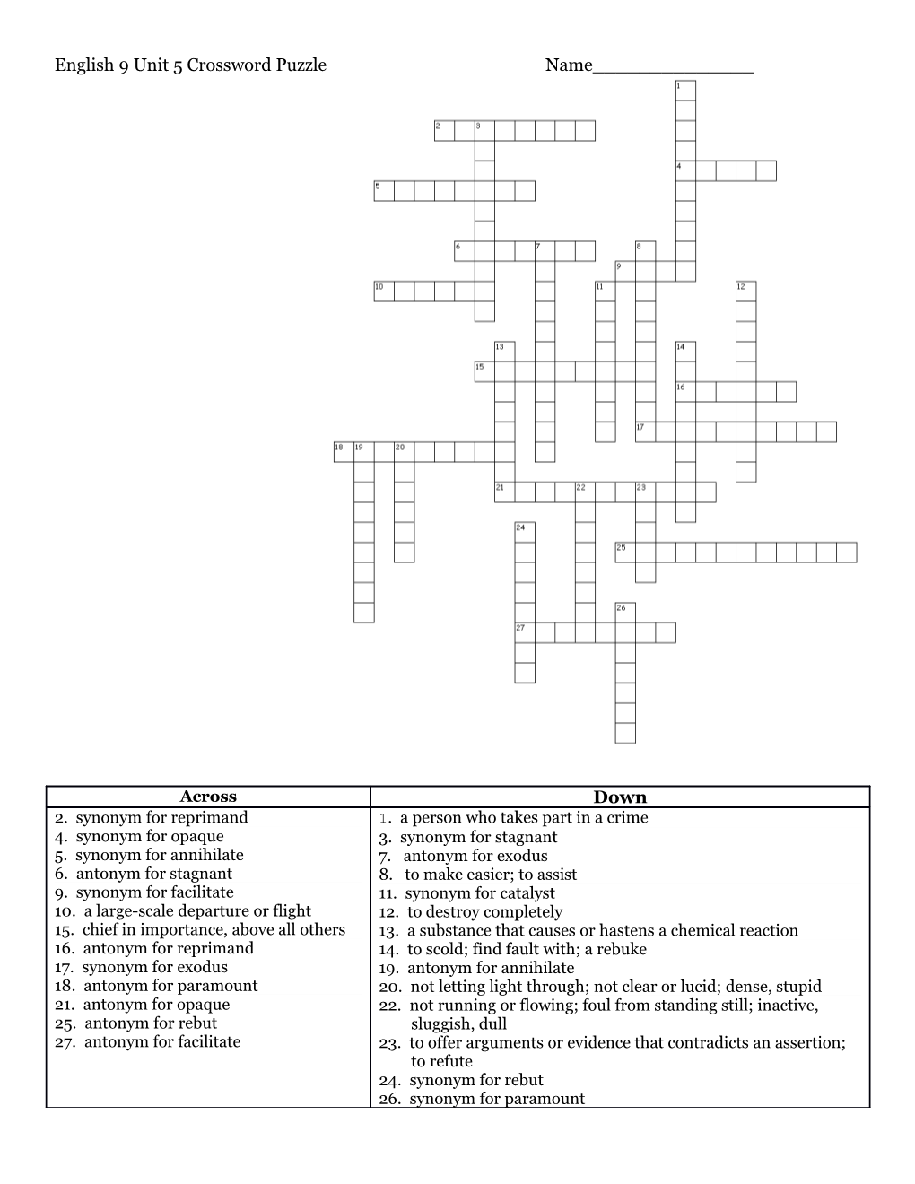 English 9 Unit 5 Crossword Puzzle Name______