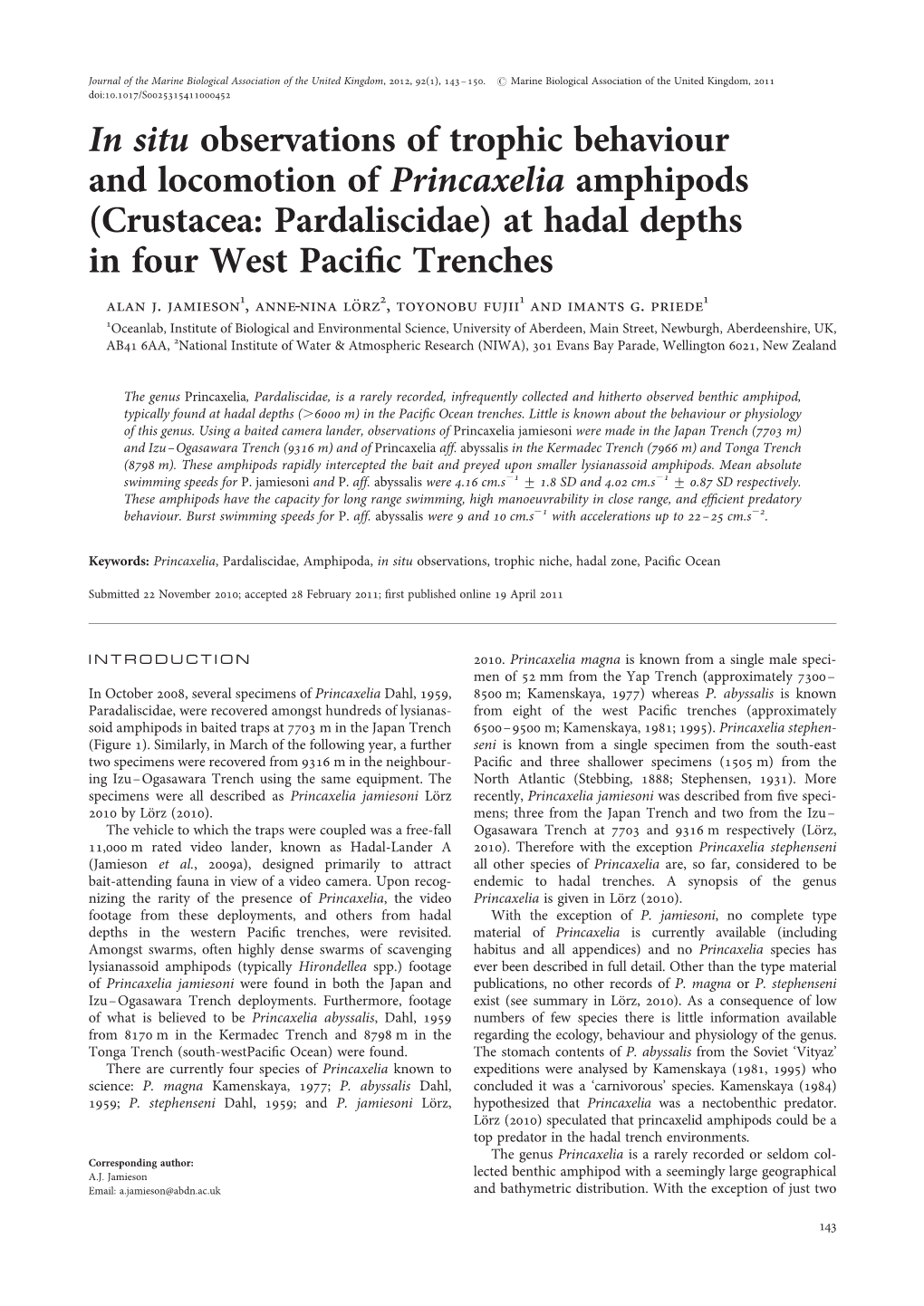 In Situ Observations of Trophic Behaviour and Locomotion of Princaxelia Amphipods (Crustacea: Pardaliscidae) at Hadal Depths in Four West Paciﬁc Trenches Alan J