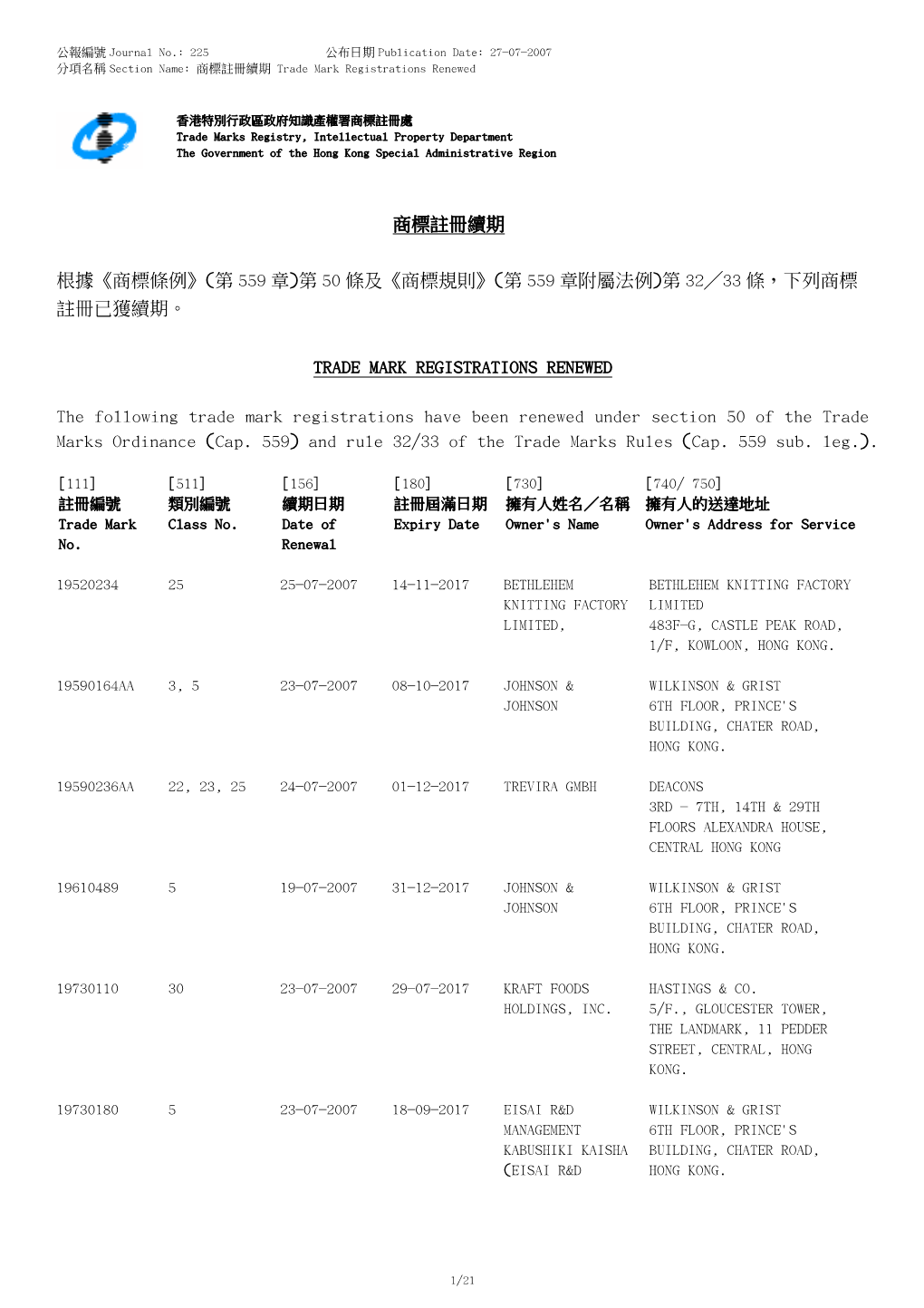 第 50 條及《商標規則》(第 559 章附屬法例)第 32╱33 條，下列商標 註冊已獲續期。