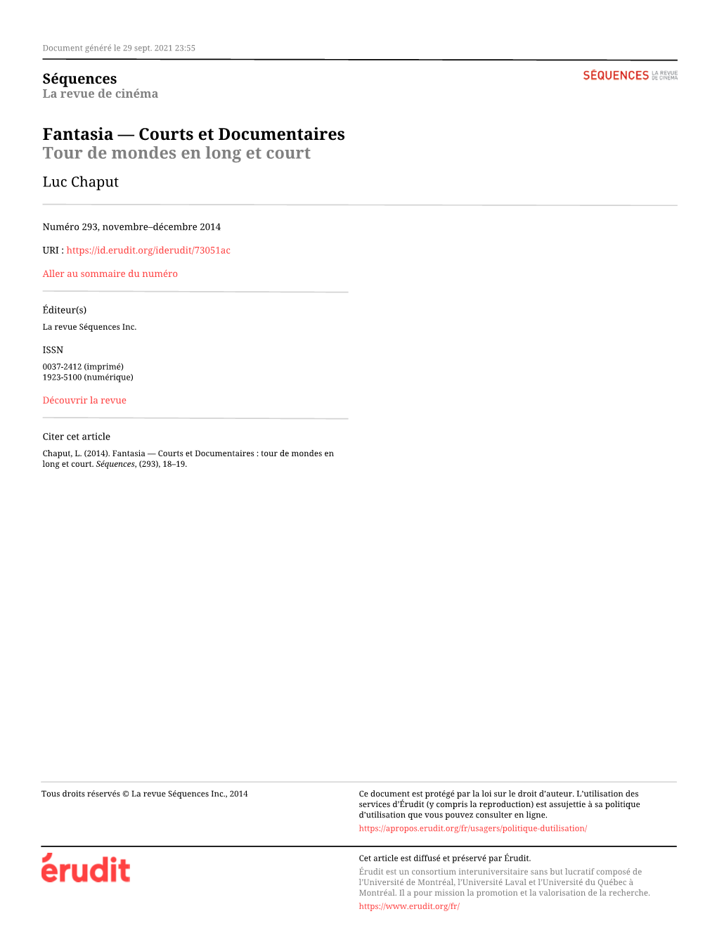 Fantasia — Courts Et Documentaires Tour De Mondes En Long Et Court Luc Chaput