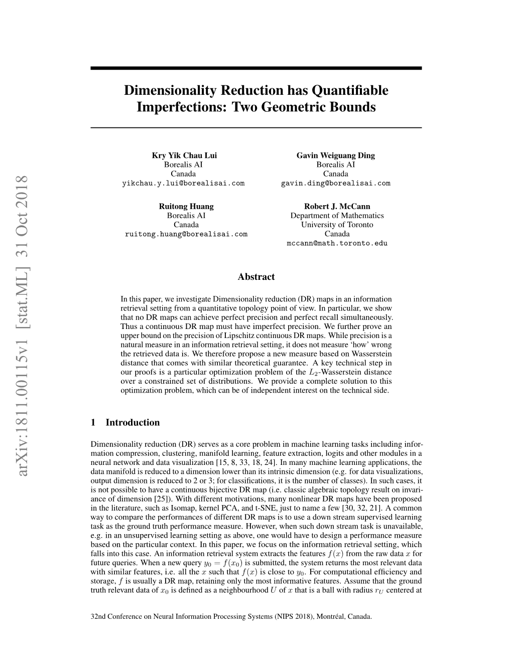 Arxiv:1811.00115V1 [Stat.ML] 31 Oct 2018 Output Dimension Is Reduced to 2 Or 3; for Classiﬁcations, It Is the Number of Classes)