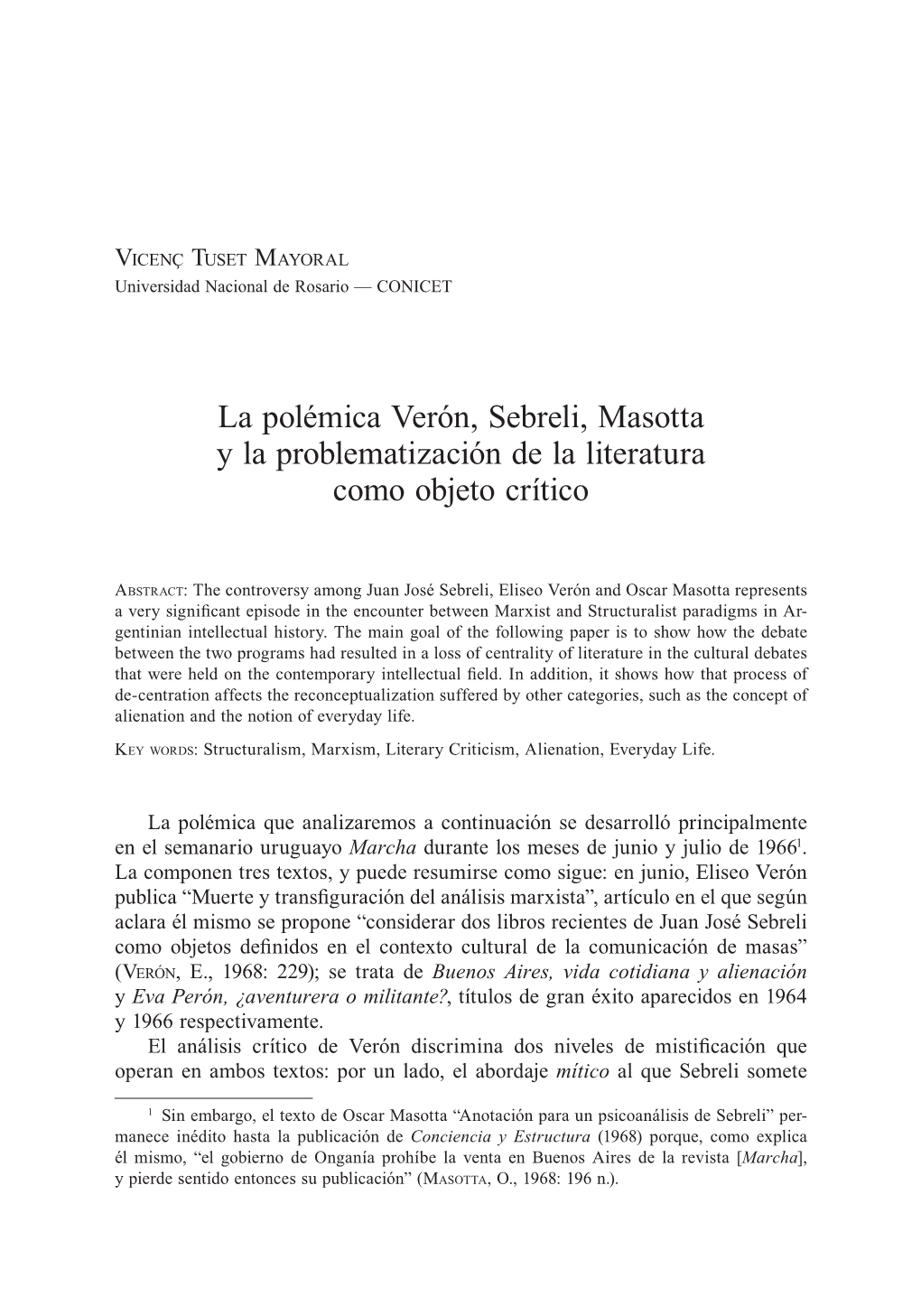 La Polémica Verón, Sebreli, Masotta Y La Problematización De La Literatura Como Objeto Crítico