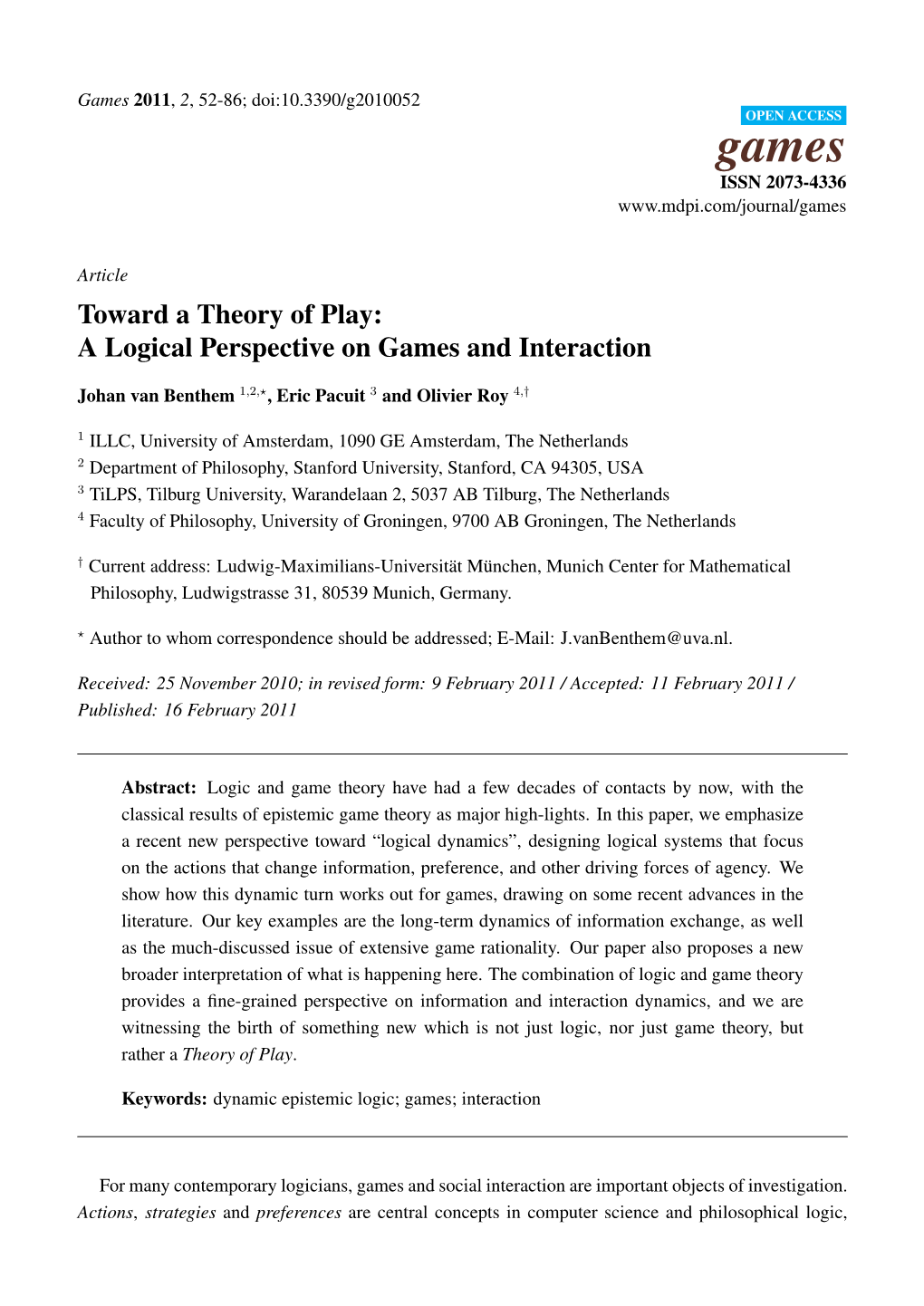 Toward a Theory of Play:A Logical Perspective on Games and Interaction