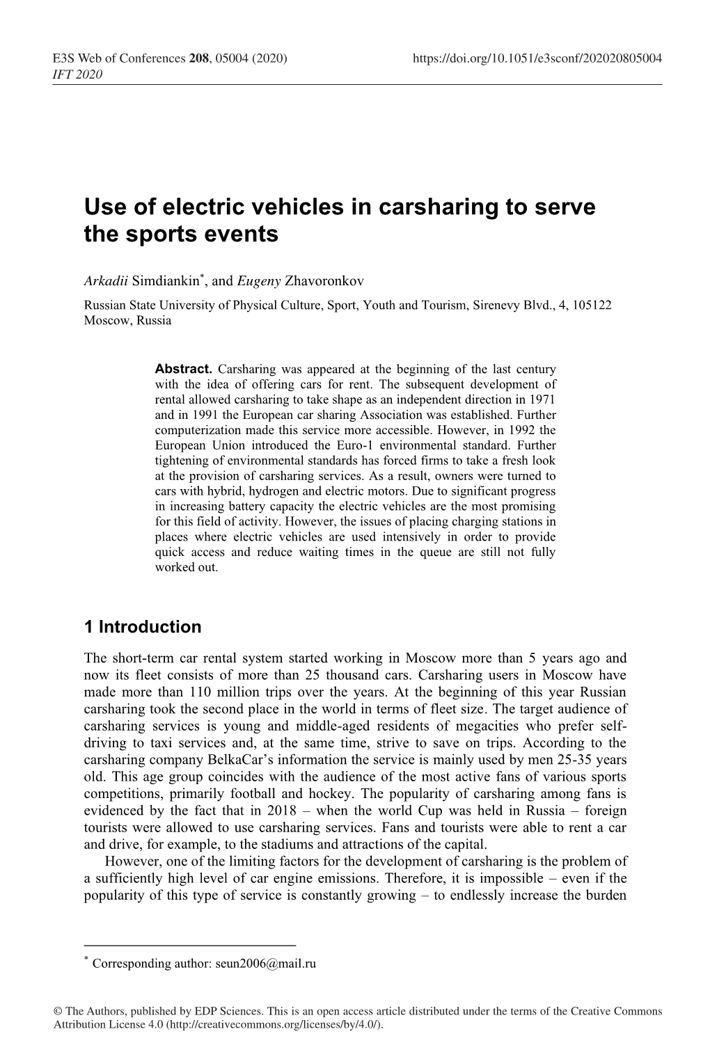 Use of Electric Vehicles in Carsharing to Serve the Sports Events