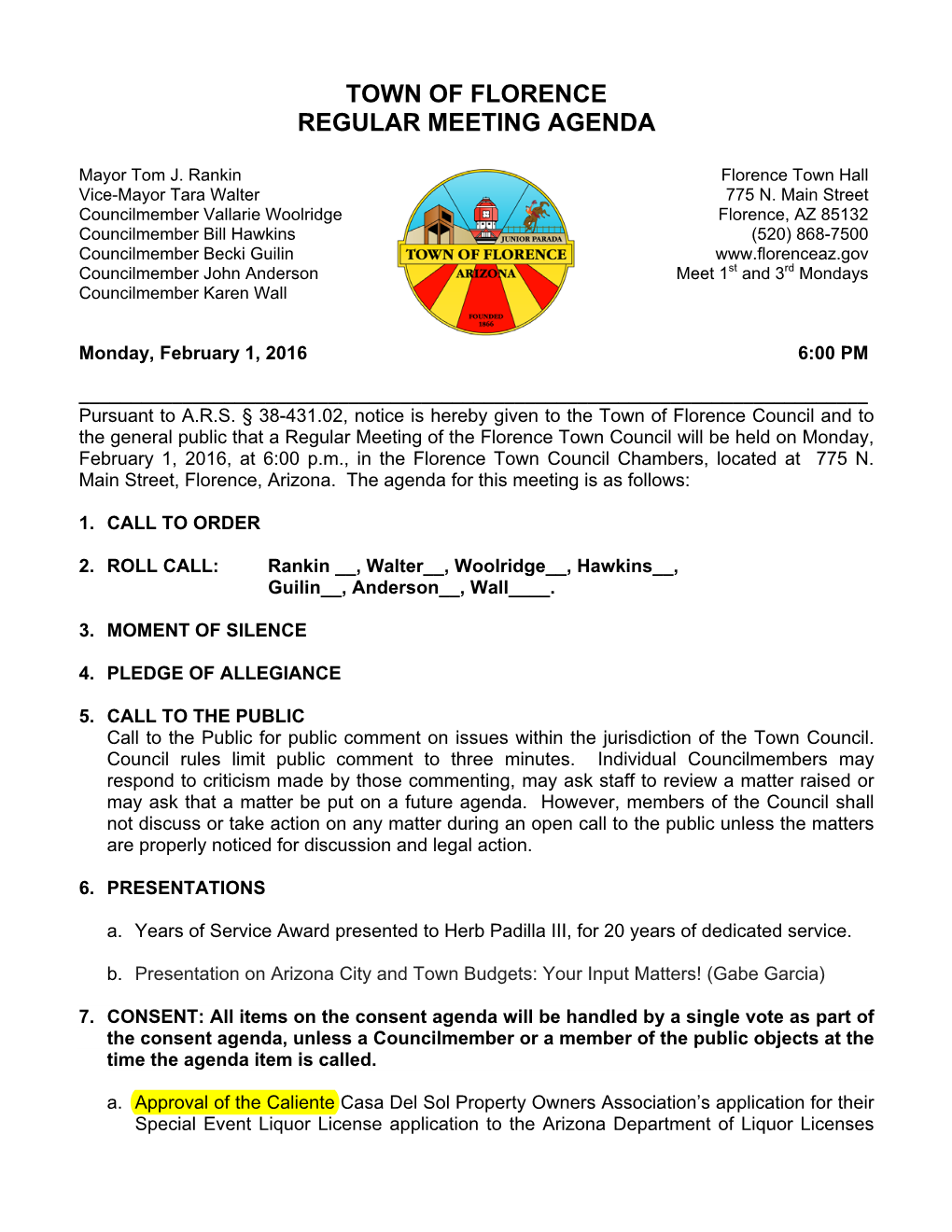 Town of Florence Regular Meeting Agenda