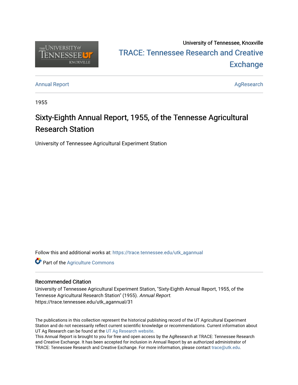 Sixty-Eighth Annual Report, 1955, of the Tennesse Agricultural Research Station
