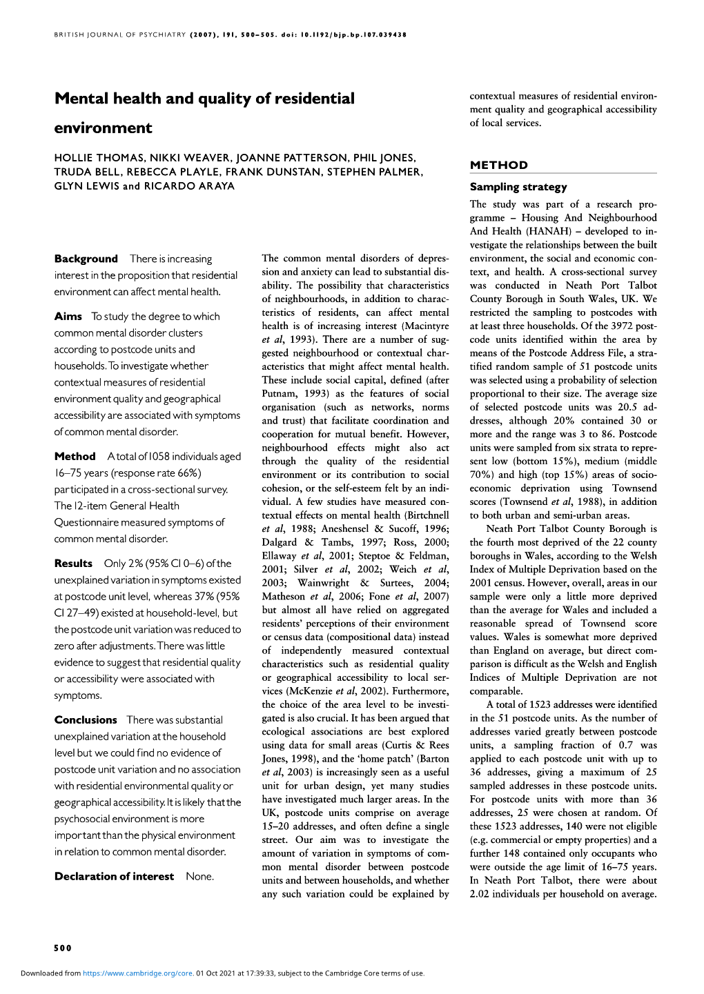 Mental Health and Quality of Residential Ental Health and Quality