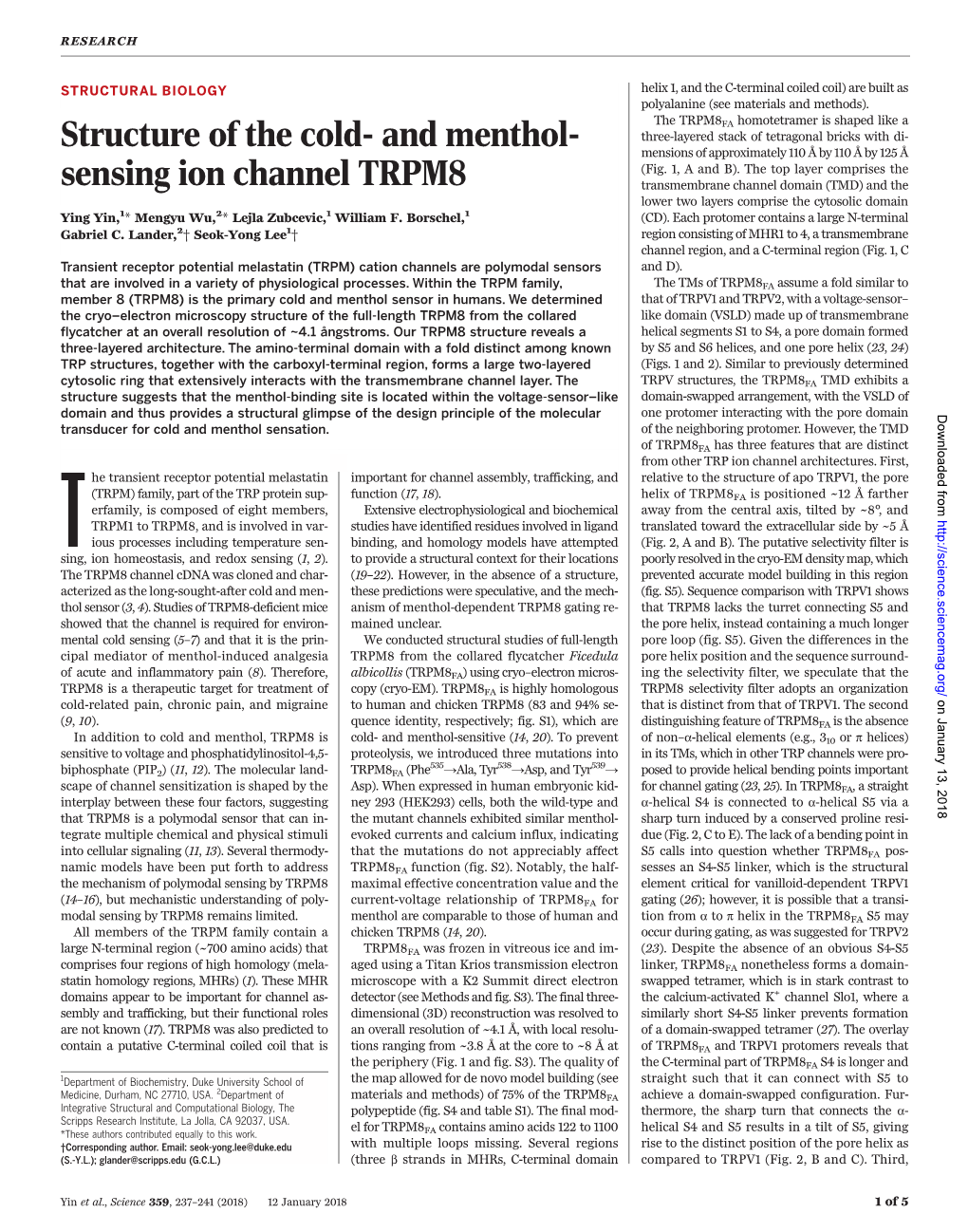 Structure of the Cold- and Menthol- Sensing Ion Channel TRPM8