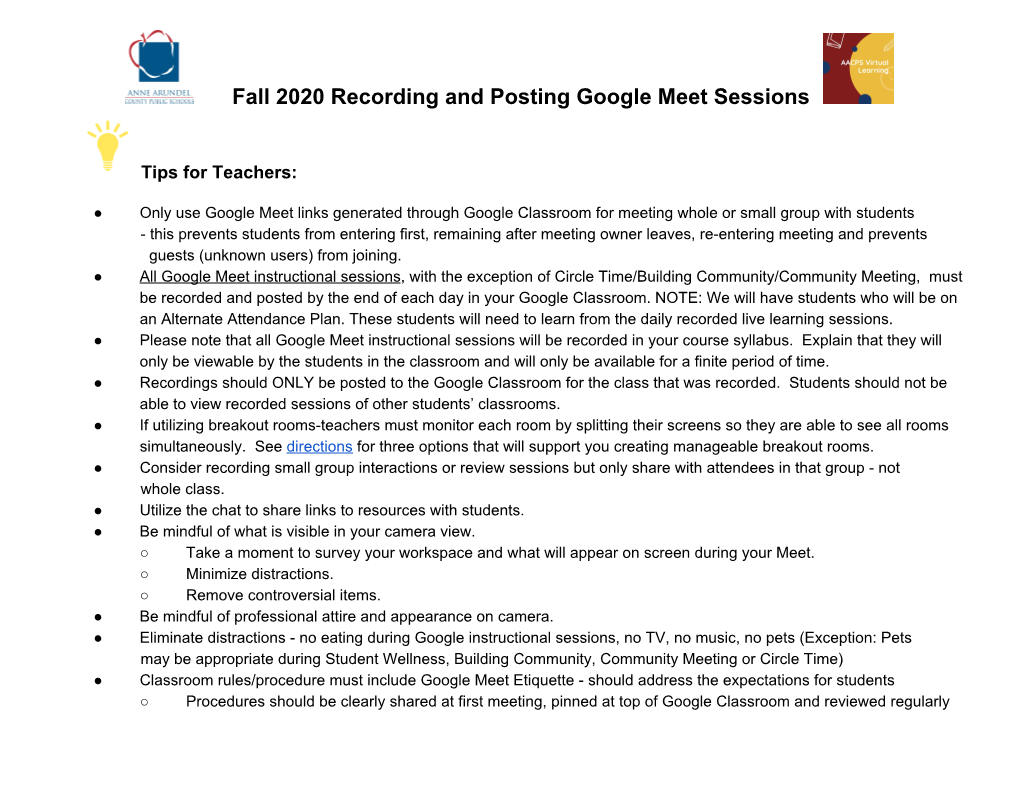 Fall 2020 Recording and Posting Google Meet Sessions
