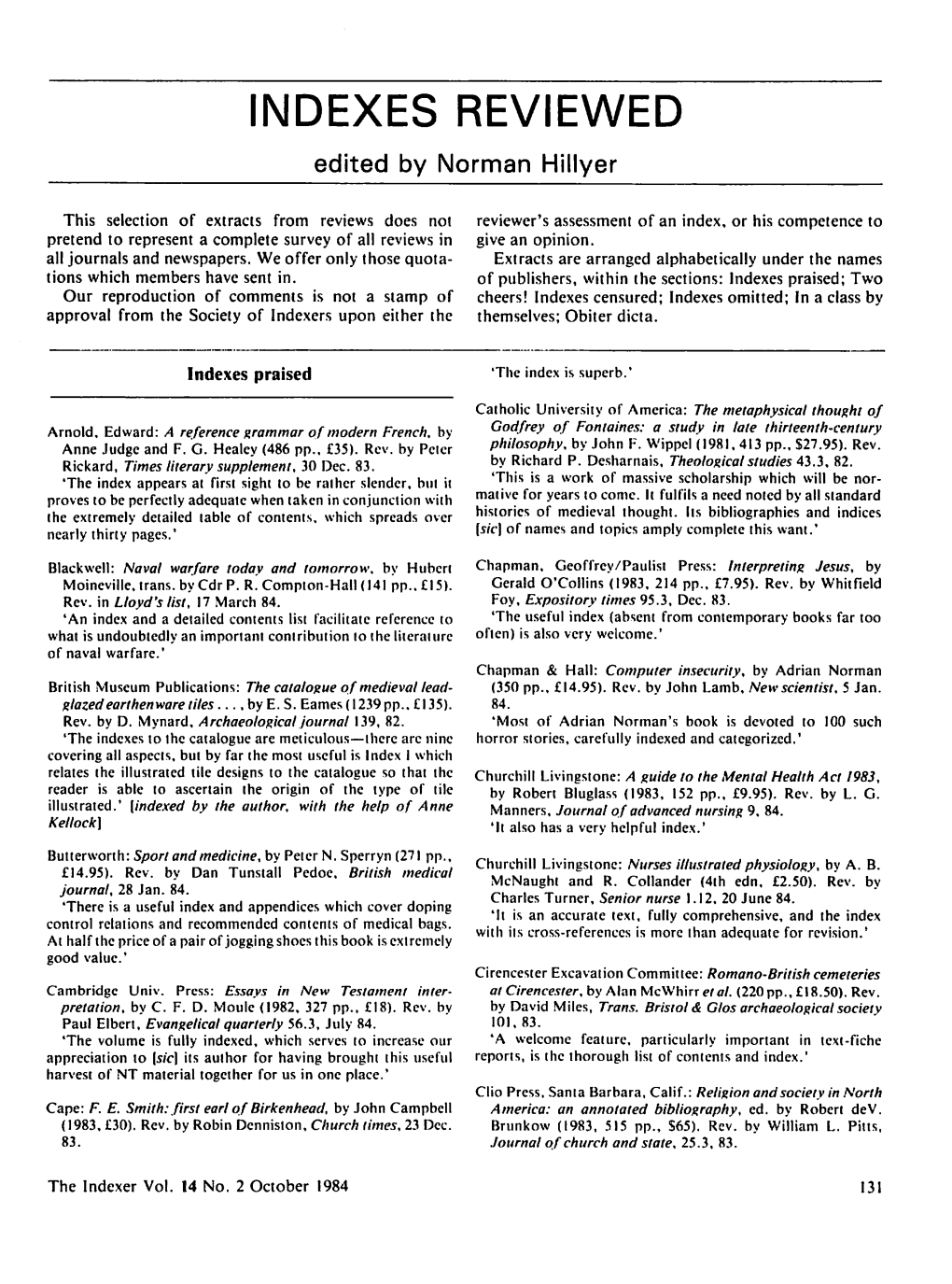 The Indexer Vol 14 No 2 October 1984