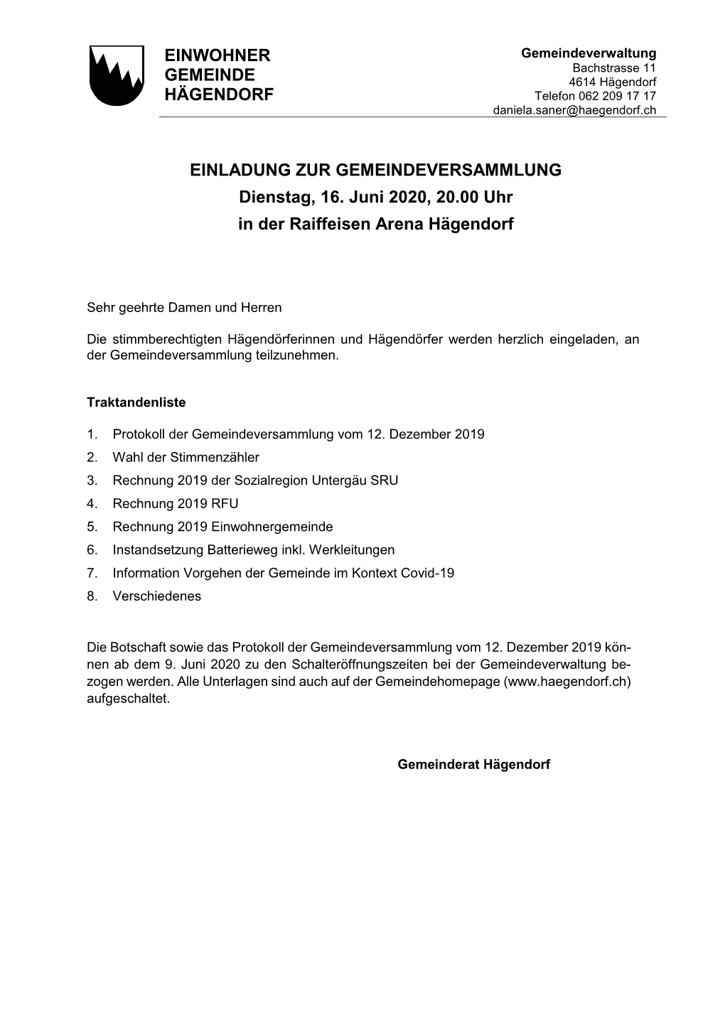 Botschaft Gemeindeversammlung