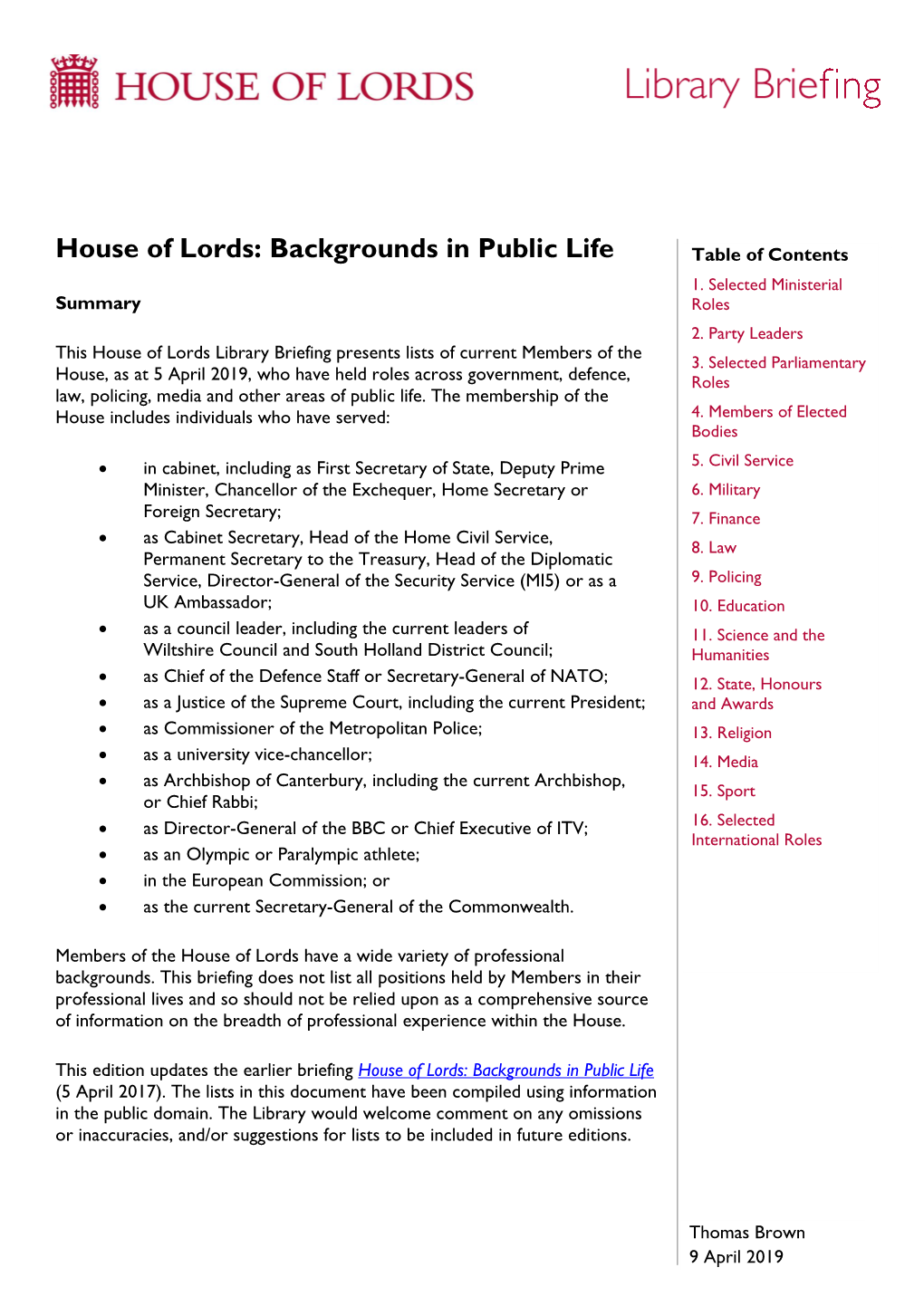 House of Lords: Backgrounds in Public Life Table of Contents 1