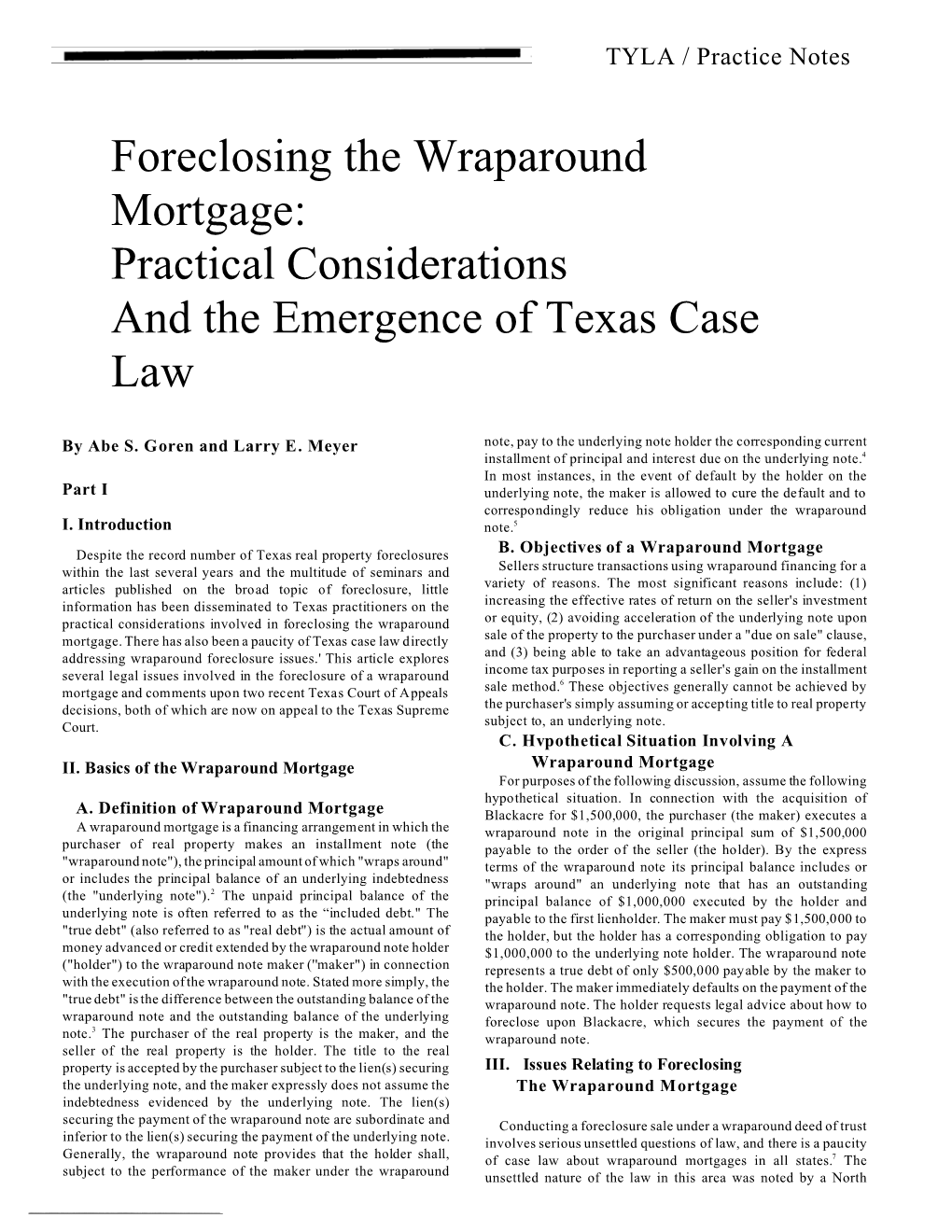 Foreclosing the Wraparound Mortgage: Practical Considerations and the Emergence of Texas Case Law