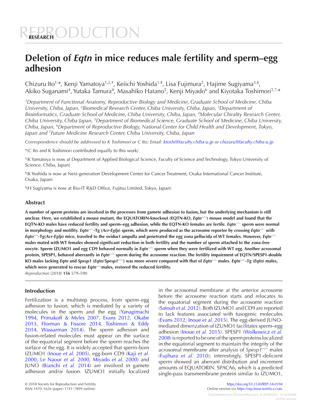 Deletion of Eqtn in Mice Reduces Male Fertility and Sperm–Egg Adhesion