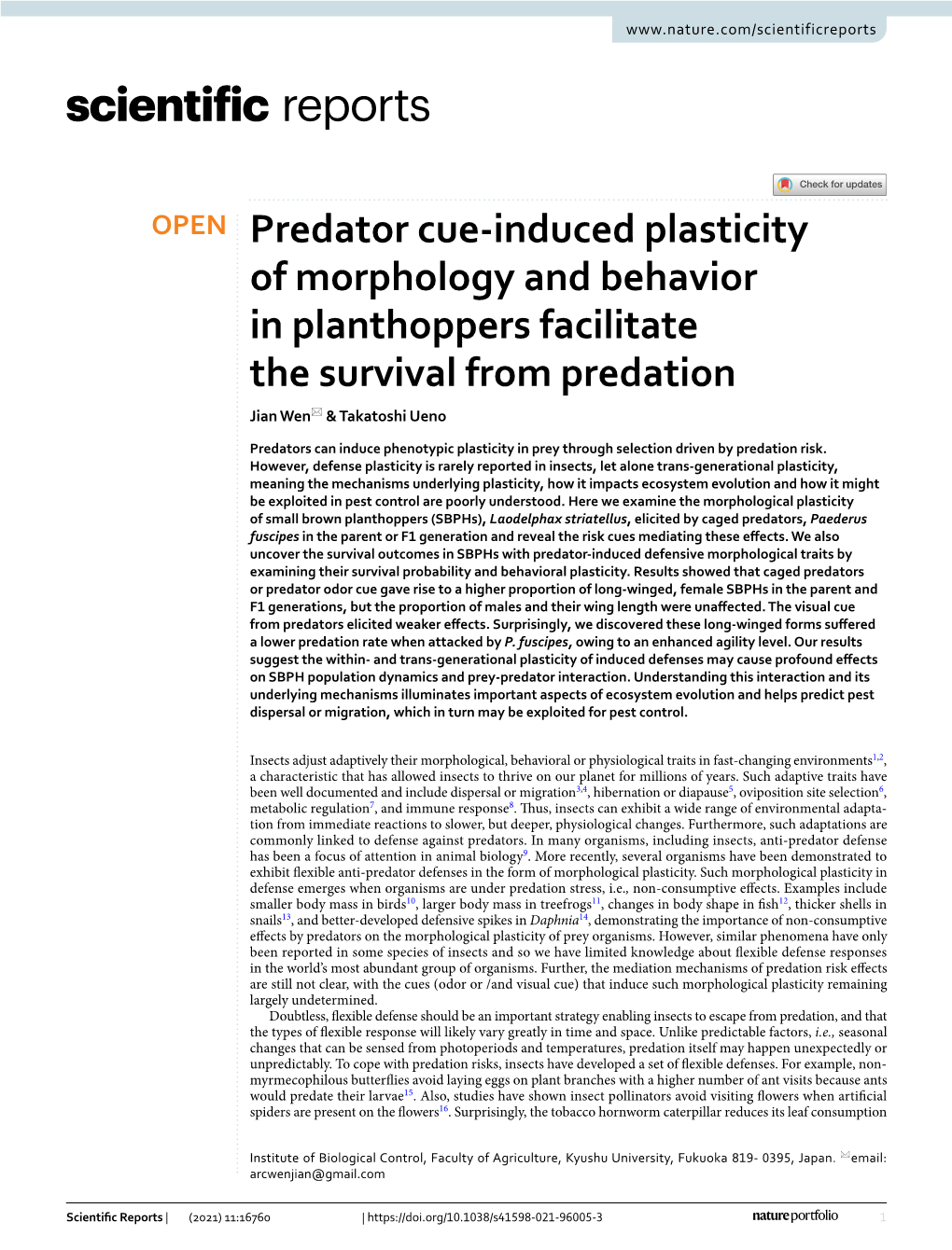 Predator Cue-Induced Plasticity of Morphology and Behavior in Planthoppers Facilitate the Survival from Predation