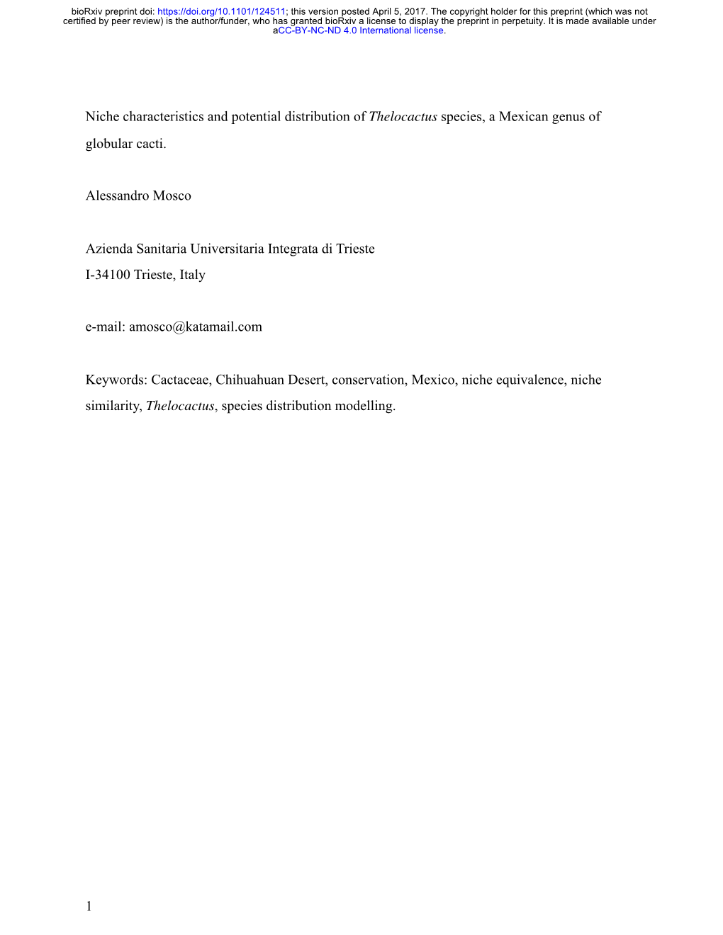 Niche Characteristics and Potential Distribution of Thelocactus Species, a Mexican Genus of Globular Cacti