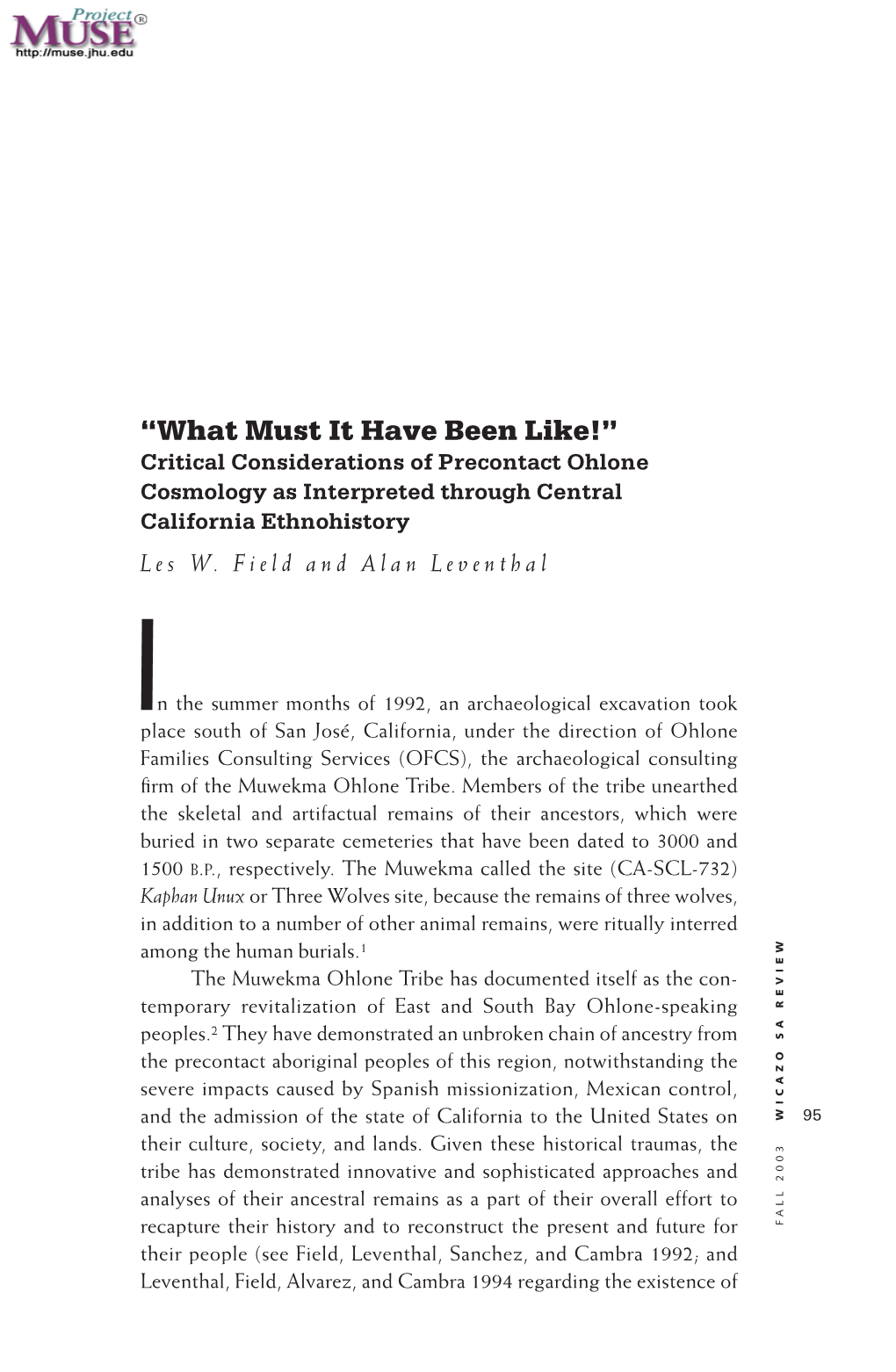 “What Must It Have Been Like!” Critical Considerations of Precontact Ohlone Cosmology As Interpreted Through Central California Ethnohistory Les W