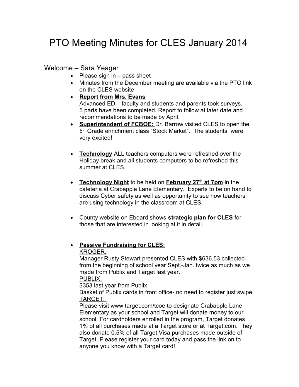 PTO Meeting Minutes for CLES January 2014