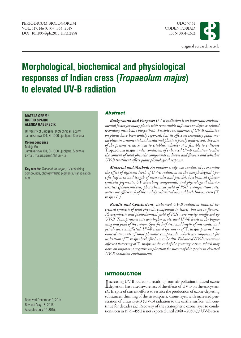 Tropaeolum Majus) to Elevated UV-B Radiation