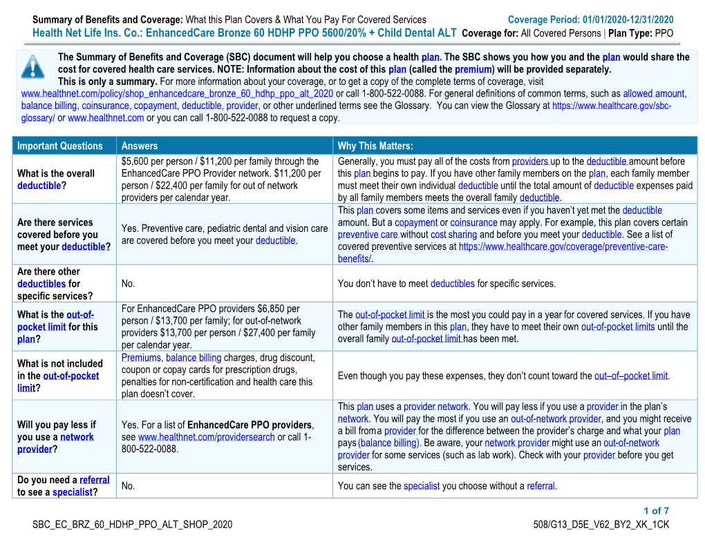 Summary of Benefits and Coverage: What This Plan Covers & What You Pay for Covered Services Coverage Period: 01/01/2020-12/31/2020 Health Net Life Ins