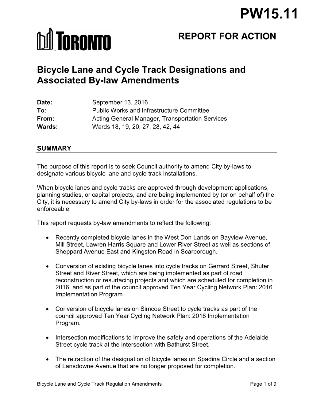 Bicycle Lane and Cycle Track Designations and Associated By-Law Amendments