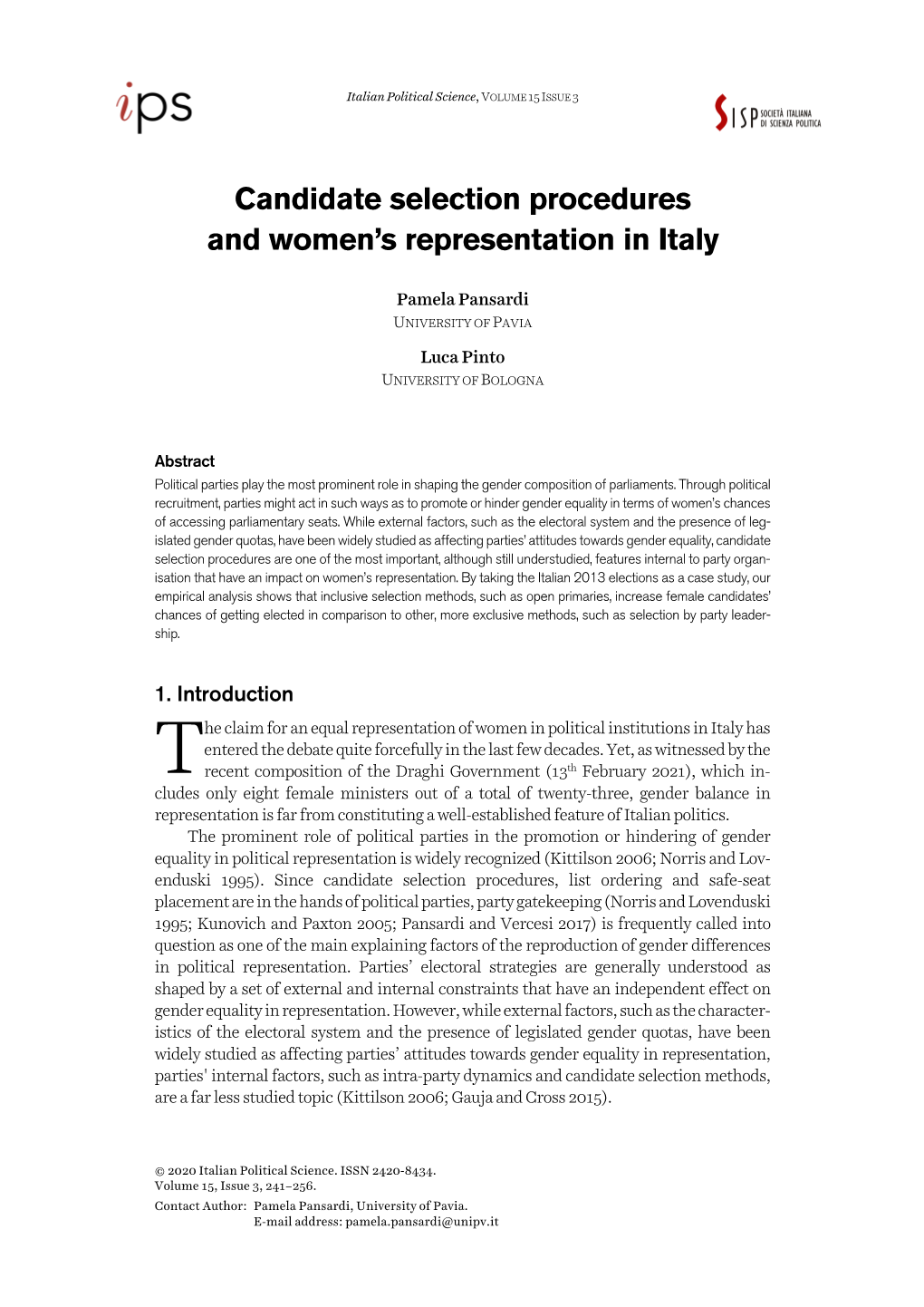 Candidate Selection Procedures and Women's Representation in Italy