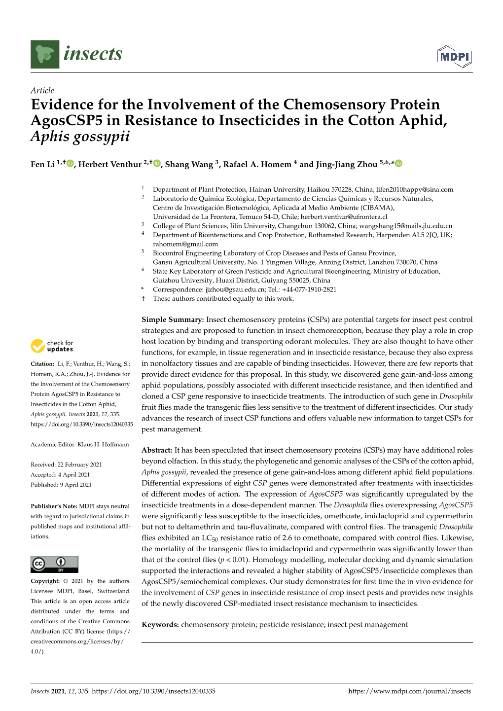 Evidence for the Involvement of the Chemosensory Protein Agoscsp5 in Resistance to Insecticides in the Cotton Aphid, Aphis Gossypii