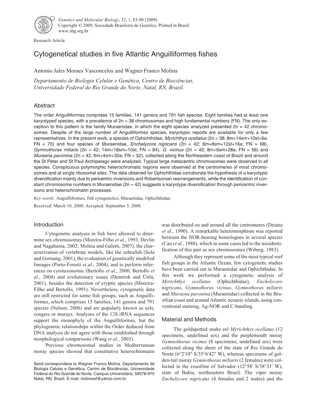 Cytogenetical Studies in Five Atlantic Anguilliformes Fishes