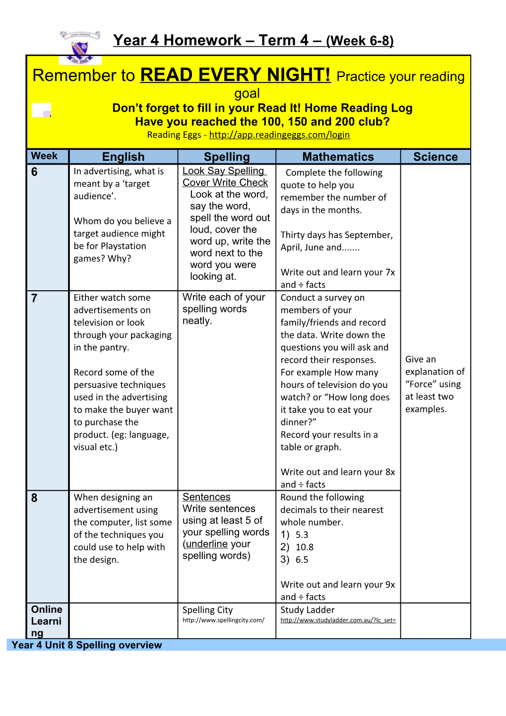 Year 4 Homework Term 4 (Week 6-8)