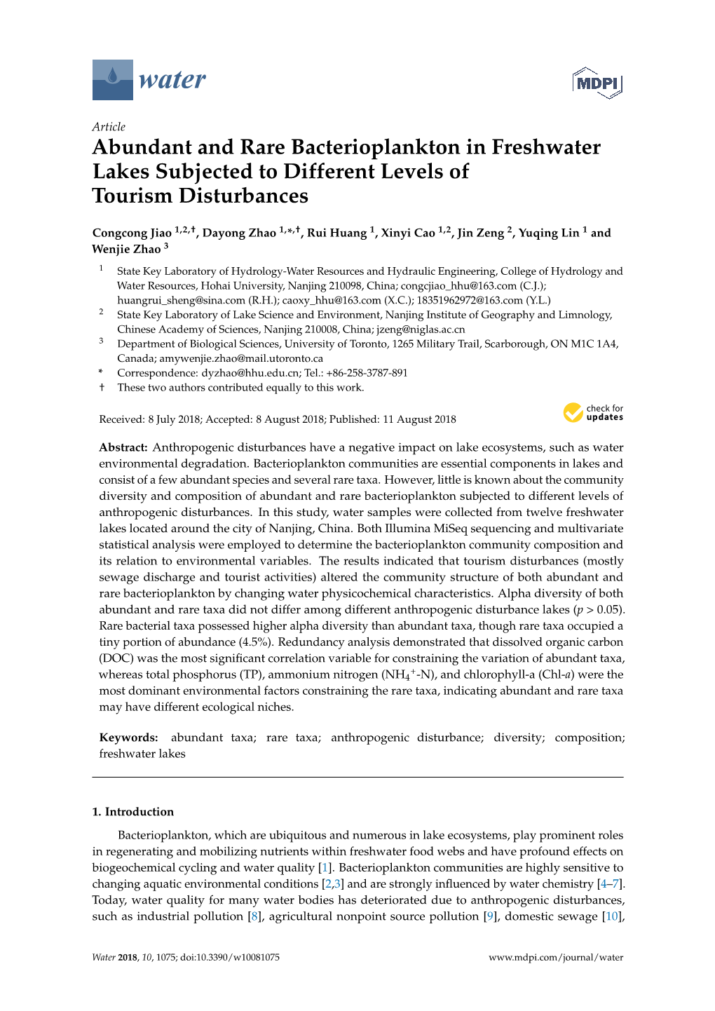 Abundant and Rare Bacterioplankton in Freshwater Lakes Subjected to Different Levels of Tourism Disturbances