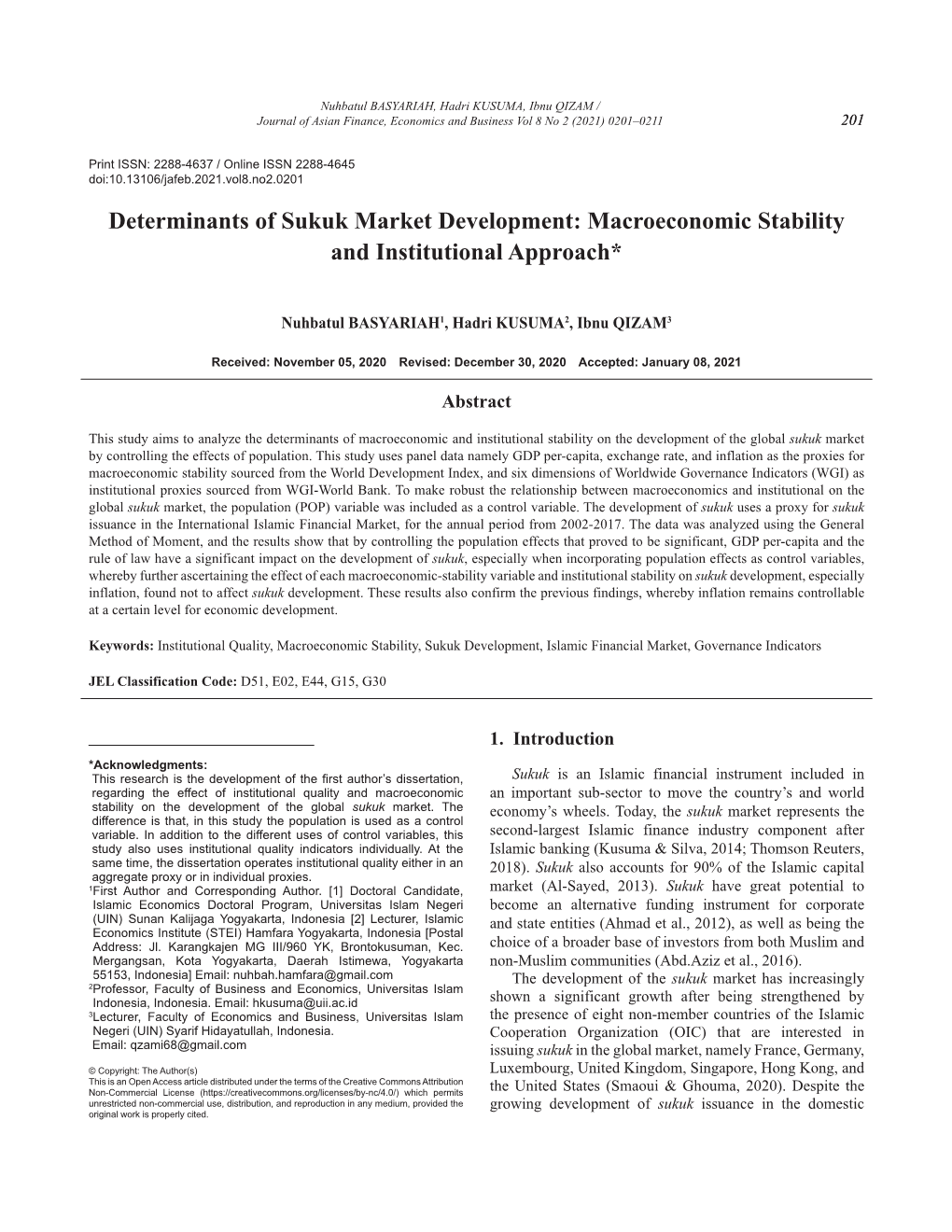Determinants of Sukuk Market Development: Macroeconomic Stability and Institutional Approach*