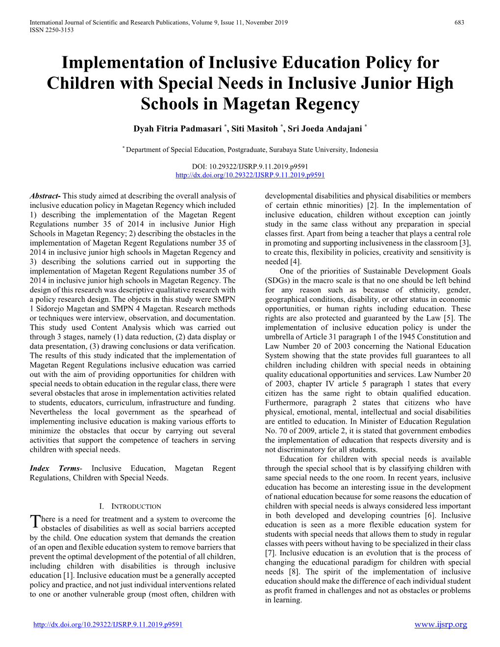 Implementation of Inclusive Education Policy for Children with Special Needs in Inclusive Junior High Schools in Magetan Regency