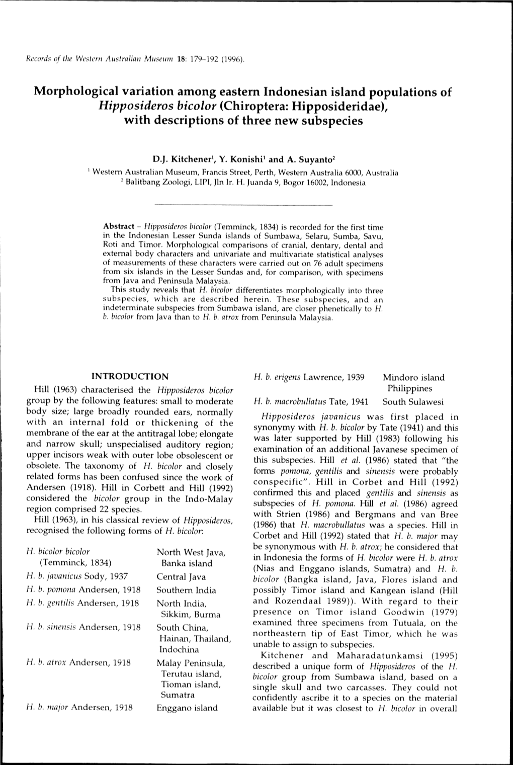 Morphological Variation Among Eastern Indonesian Island Populations of Hipposideros Bicolor (Chiroptera: Hipposideridae), with Descriptions of Three New Subspecies