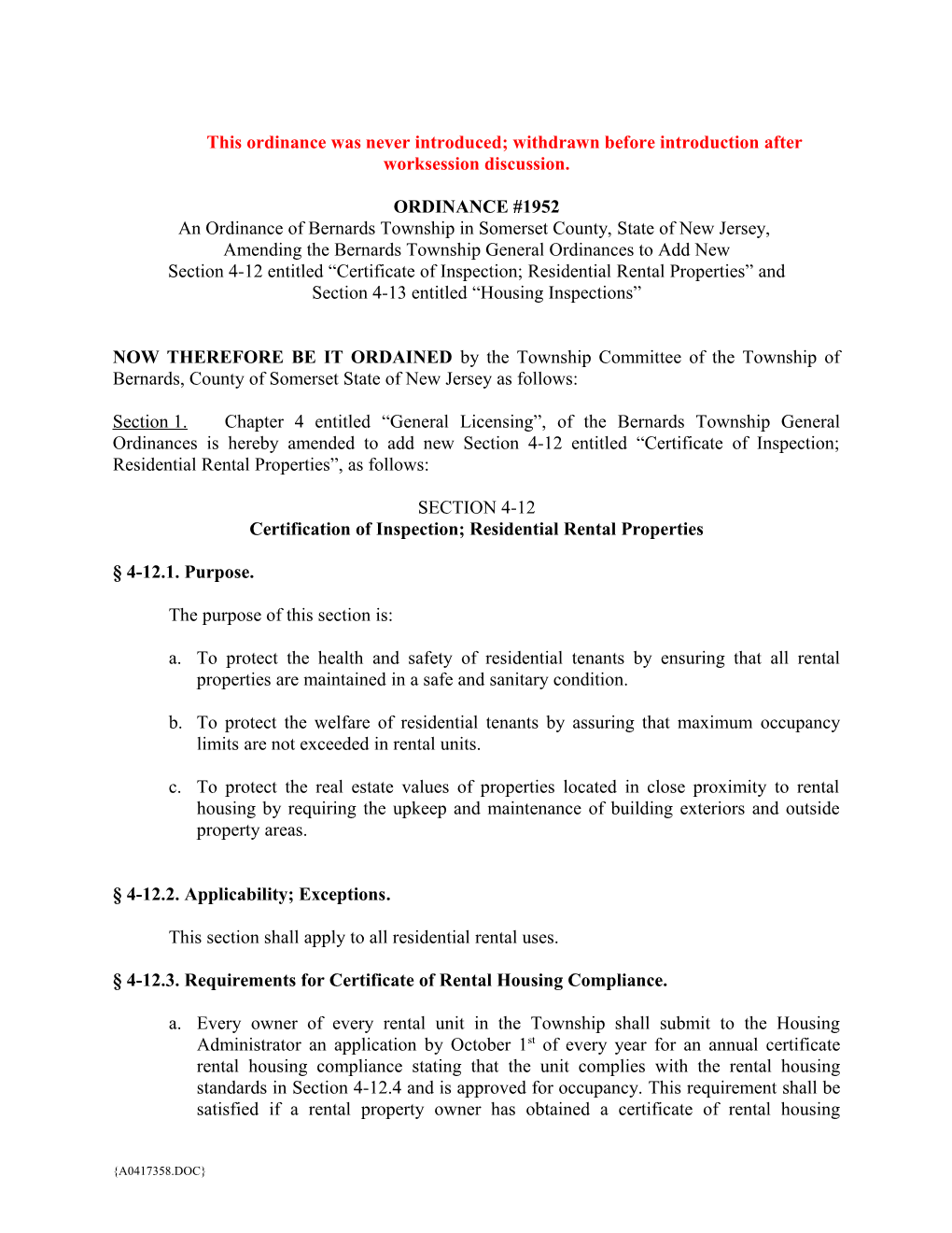 Ordinance -Inspection of Rental Properties / Bernards (A0417358;1)