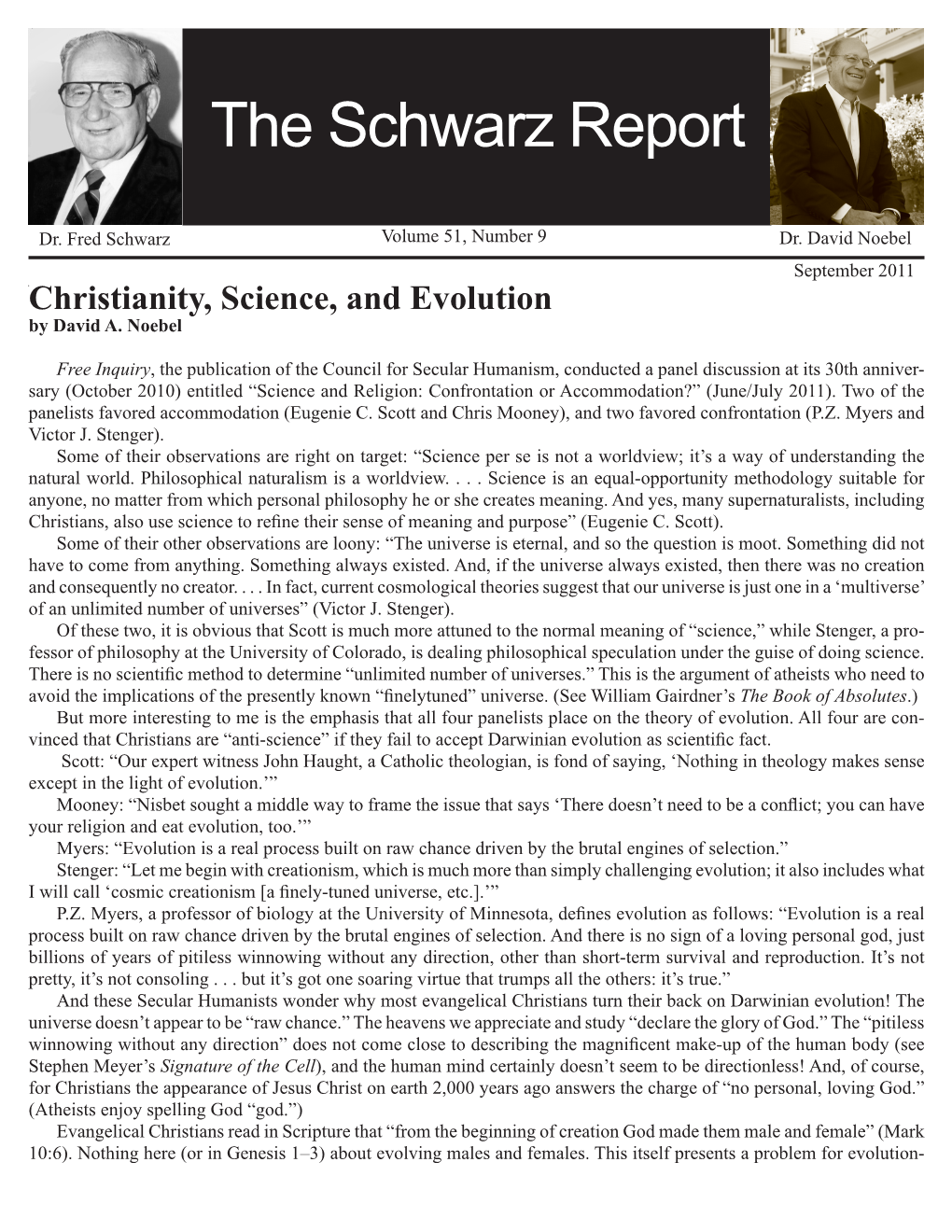 September 2011 Christianity, Science, and Evolution by David A