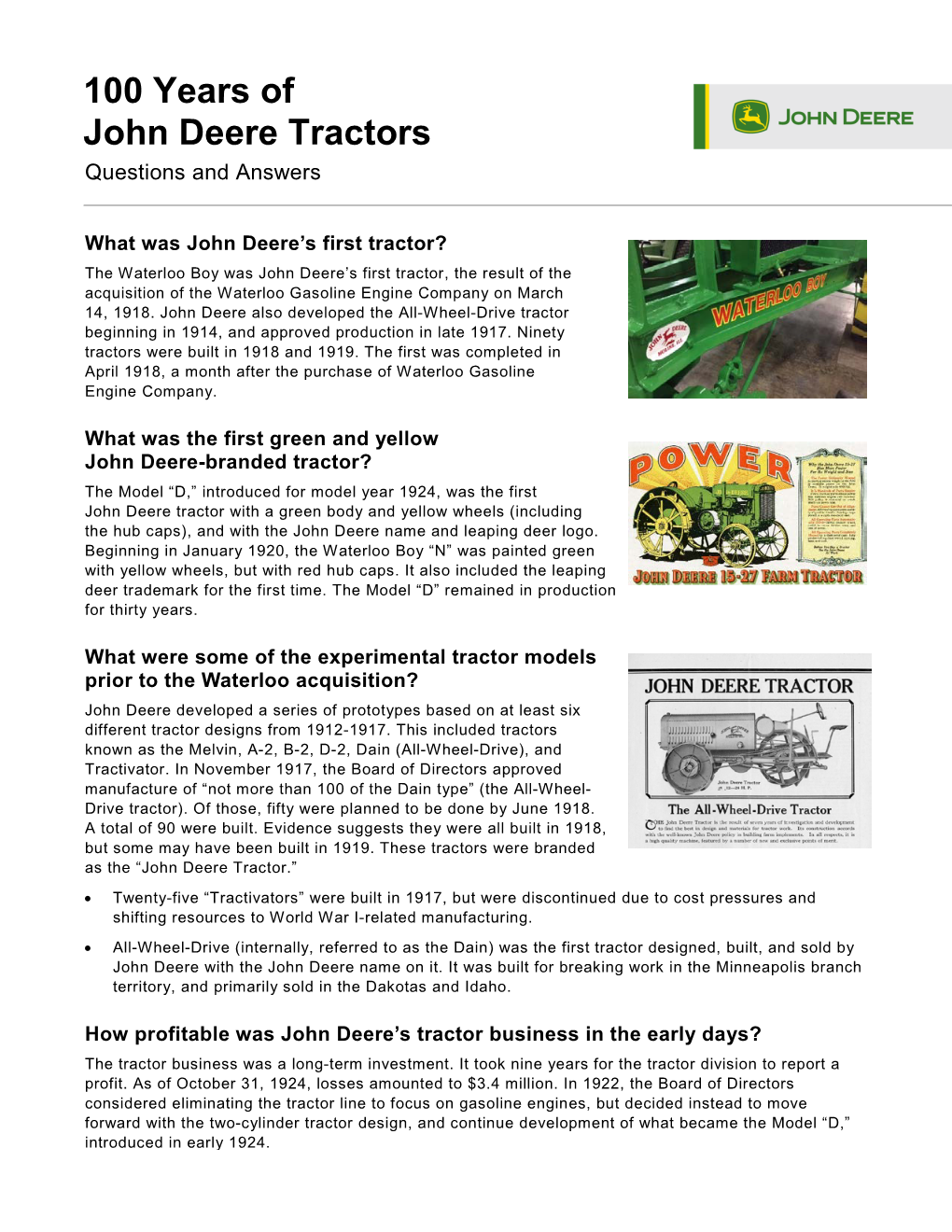 100 Years of John Deere Tractors Questions and Answers