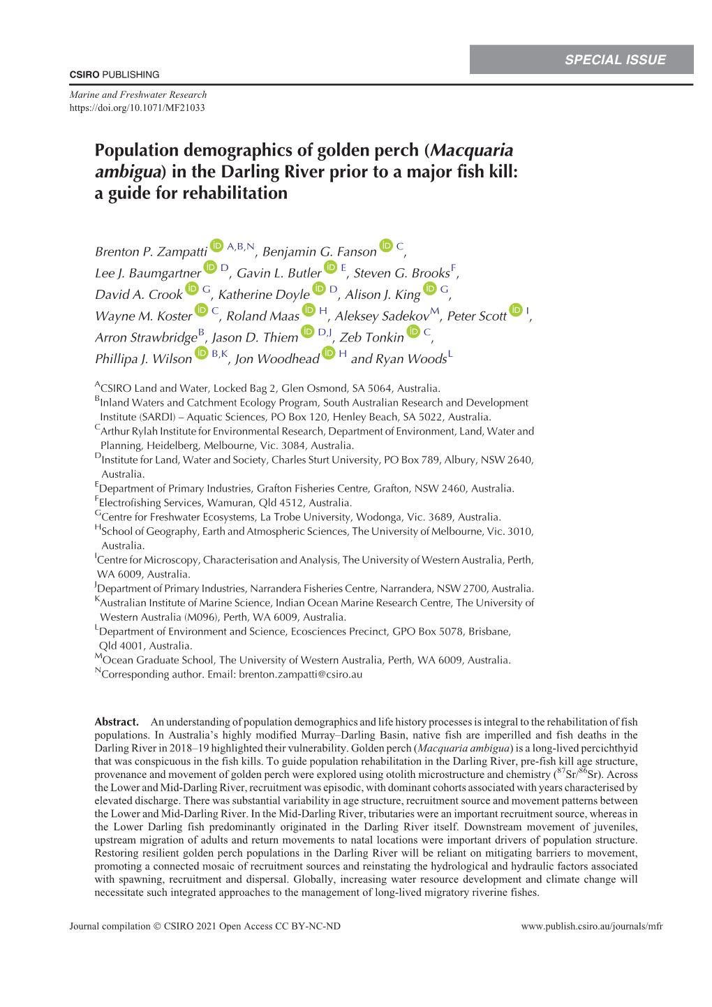 Population Demographics of Golden Perch (Macquaria Ambigua) in the Darling River Prior to a Major Fish Kill: a Guide for Rehabilitation
