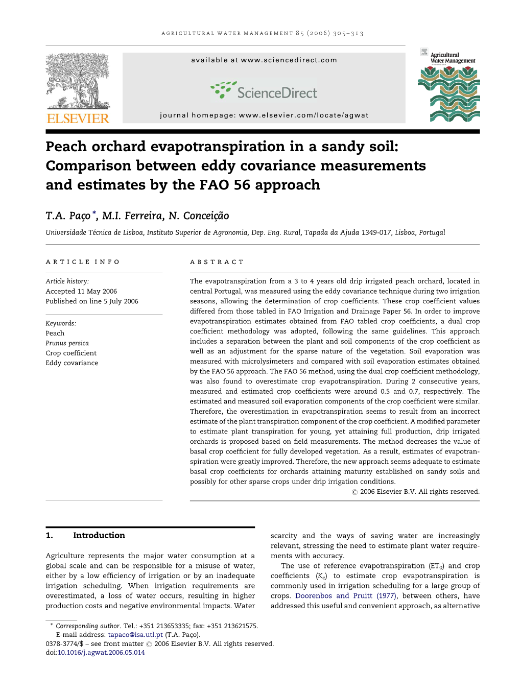 Peach Orchard Evapotranspiration in a Sandy Soil: Comparison Between Eddy Covariance Measurements and Estimates by the FAO 56 Approach