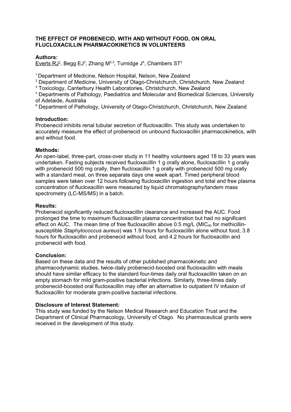 The Effect of Probenecid, with and Without Food, on Oral Flucloxacillin Pharmacokinetics