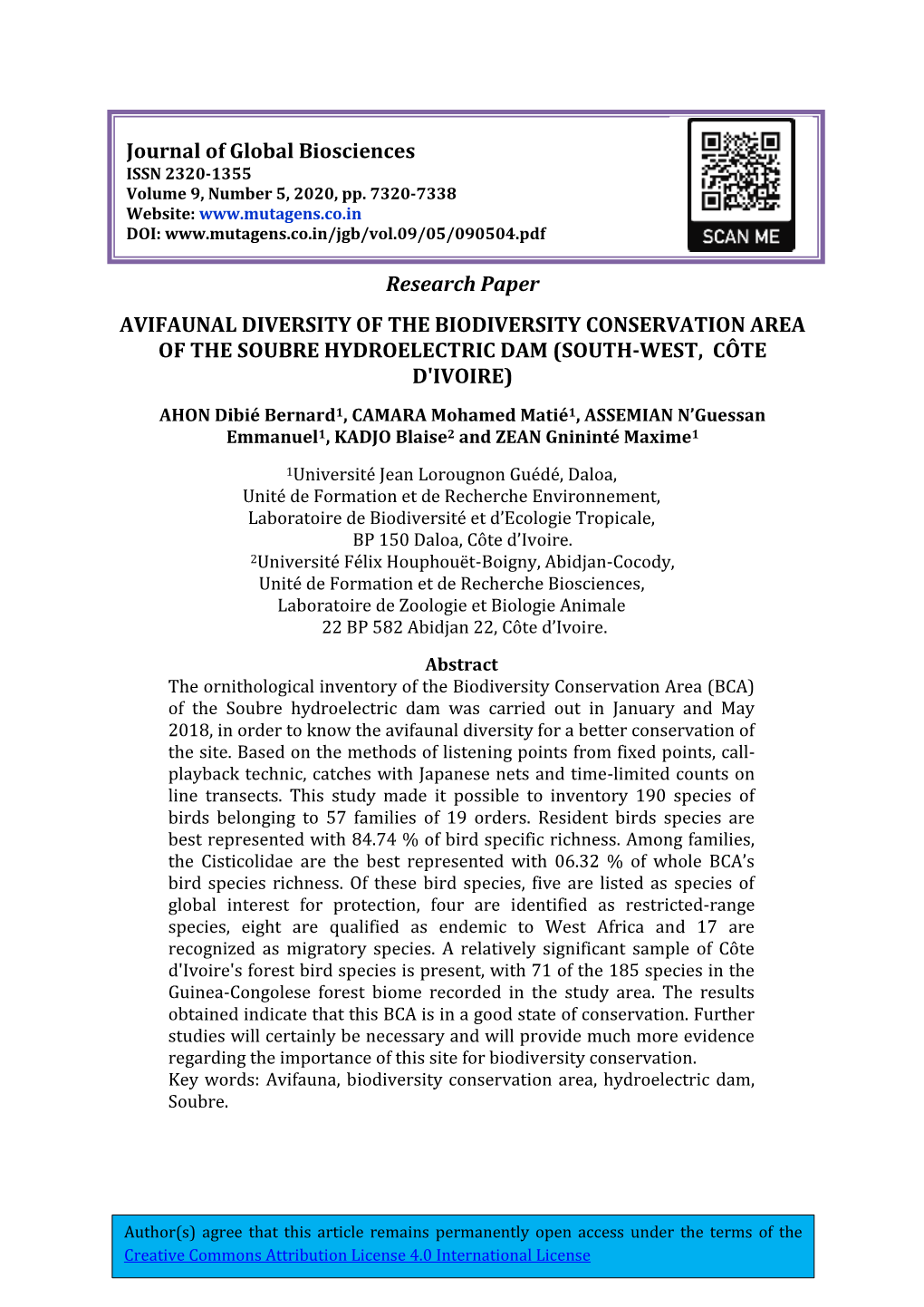 Research Paper AVIFAUNAL DIVERSITY of the BIODIVERSITY CONSERVATION AREA of the SOUBRE HYDROELECTRIC DAM (SOUTH-WEST, CÔTE D'ivoire)