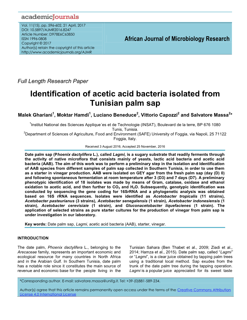 Identification of Acetic Acid Bacteria Isolated from Tunisian Palm Sap