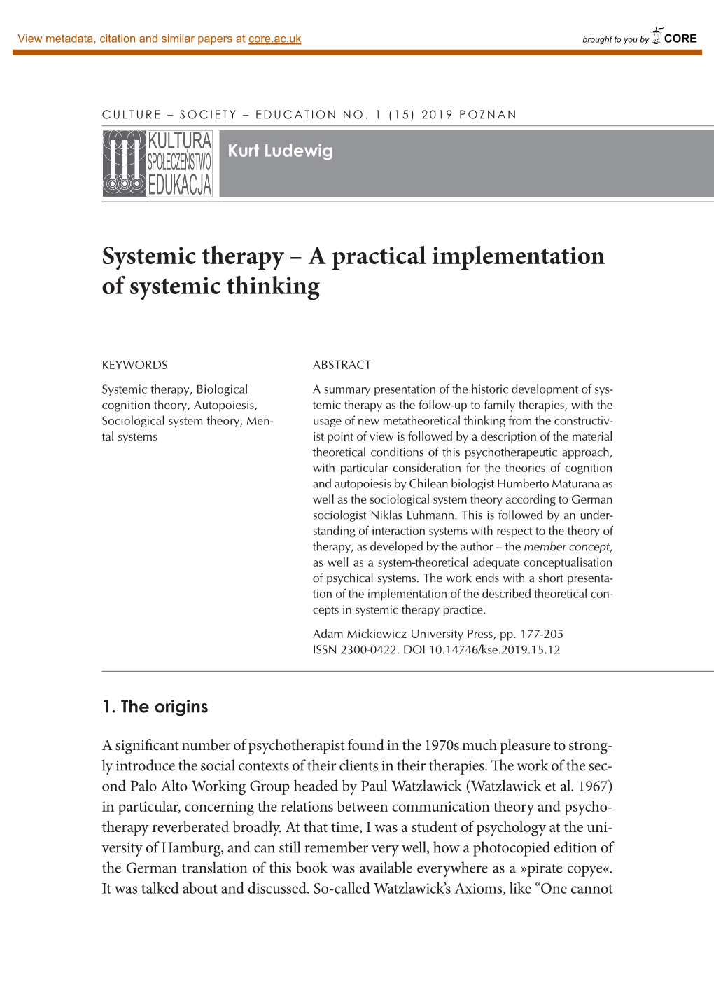 Systemic Therapy – a Practical Implementation of Systemic Thinking