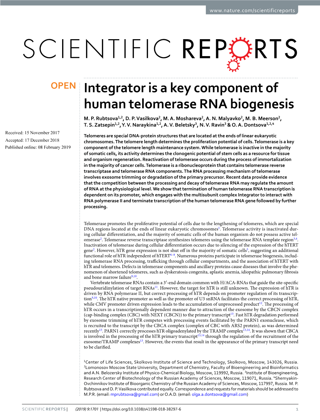 Integrator Is a Key Component of Human Telomerase RNA Biogenesis M