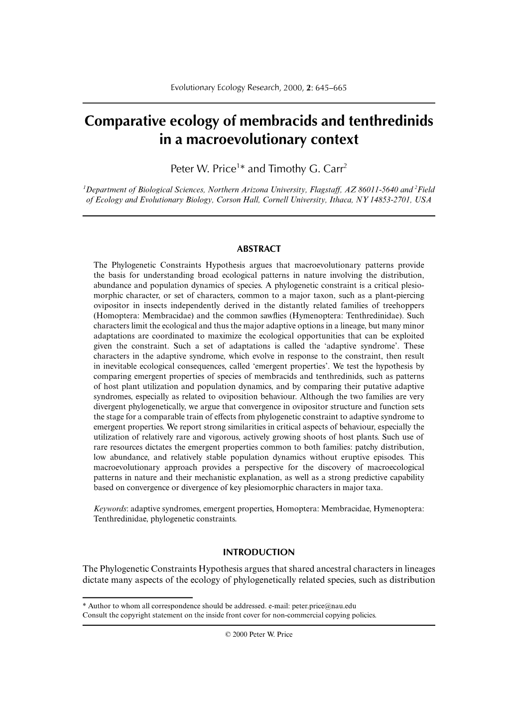 Comparative Ecology of Membracids and Tenthredinids in a Macroevolutionary Context