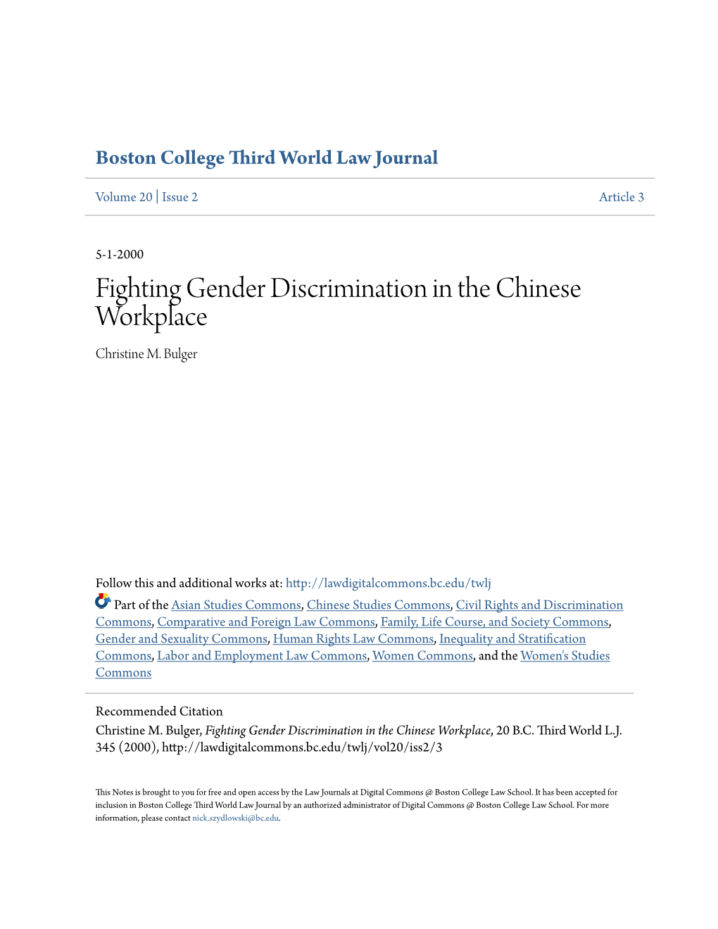 Fighting Gender Discrimination in the Chinese Workplace Christine M